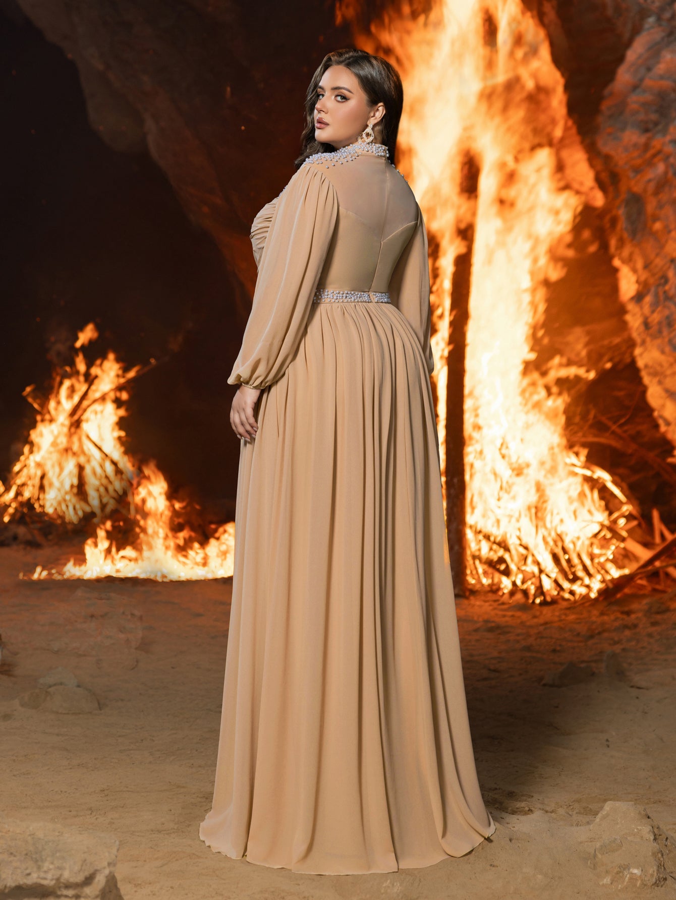 Long Sleeve Gown with Statement Waist & Full Skirt