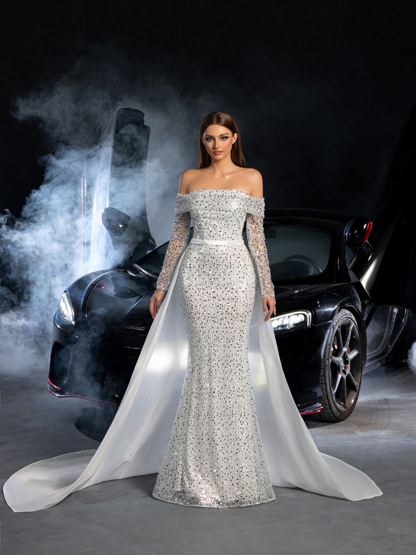 sequin wedding dress with sleeves Gorgeous Off Shoulder Sheer Sleeves Mermaid Hem Sequin Wedding Dress White / XS