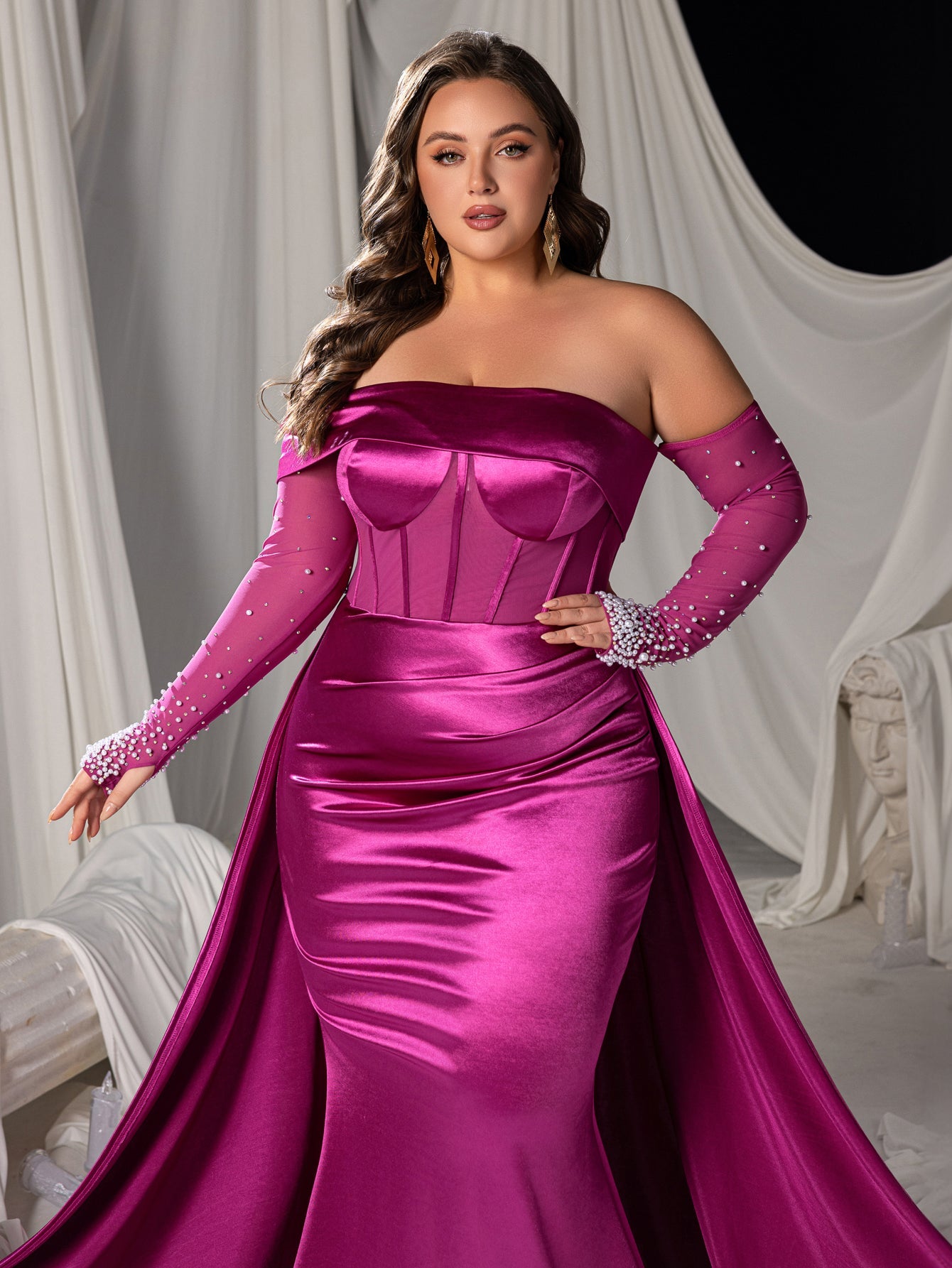 Plus Satin Off Shoulder Mermaid Evening Dress with Pearl Accents