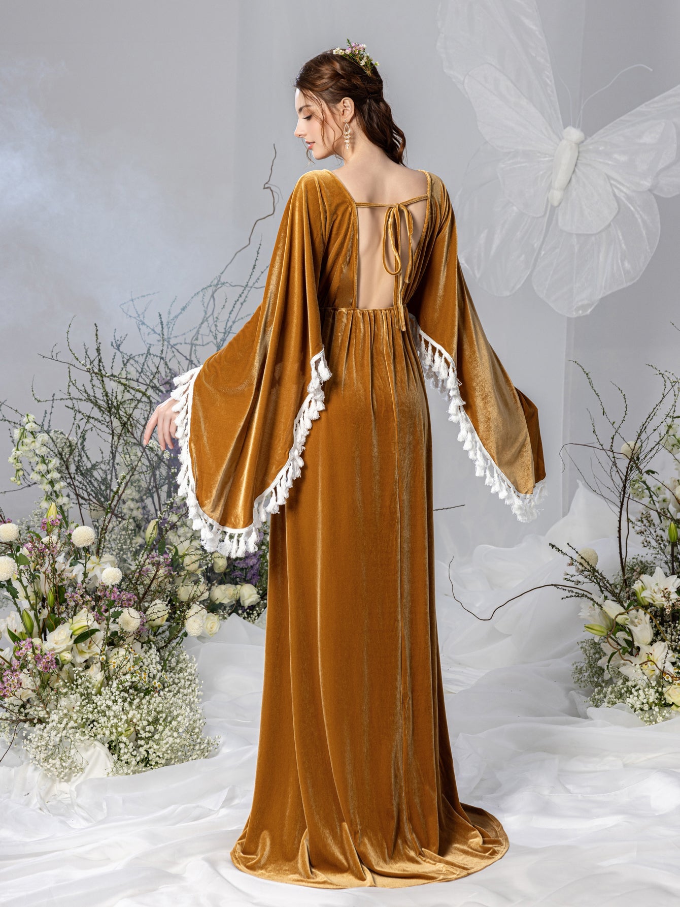 Maternity Backless Cape Sleeves Velvet Party Dress Gold / XL Maternity Backless Cape Sleeves Velvet Party Dress Gold / XL