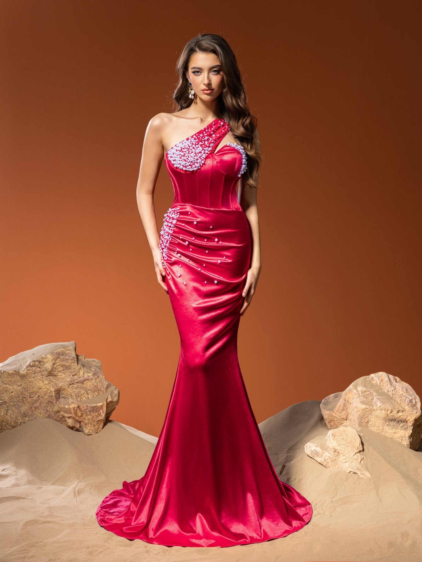 Elegant One Shoulder Mermaid Hem Satin Evening Dress with Pearl Accents
