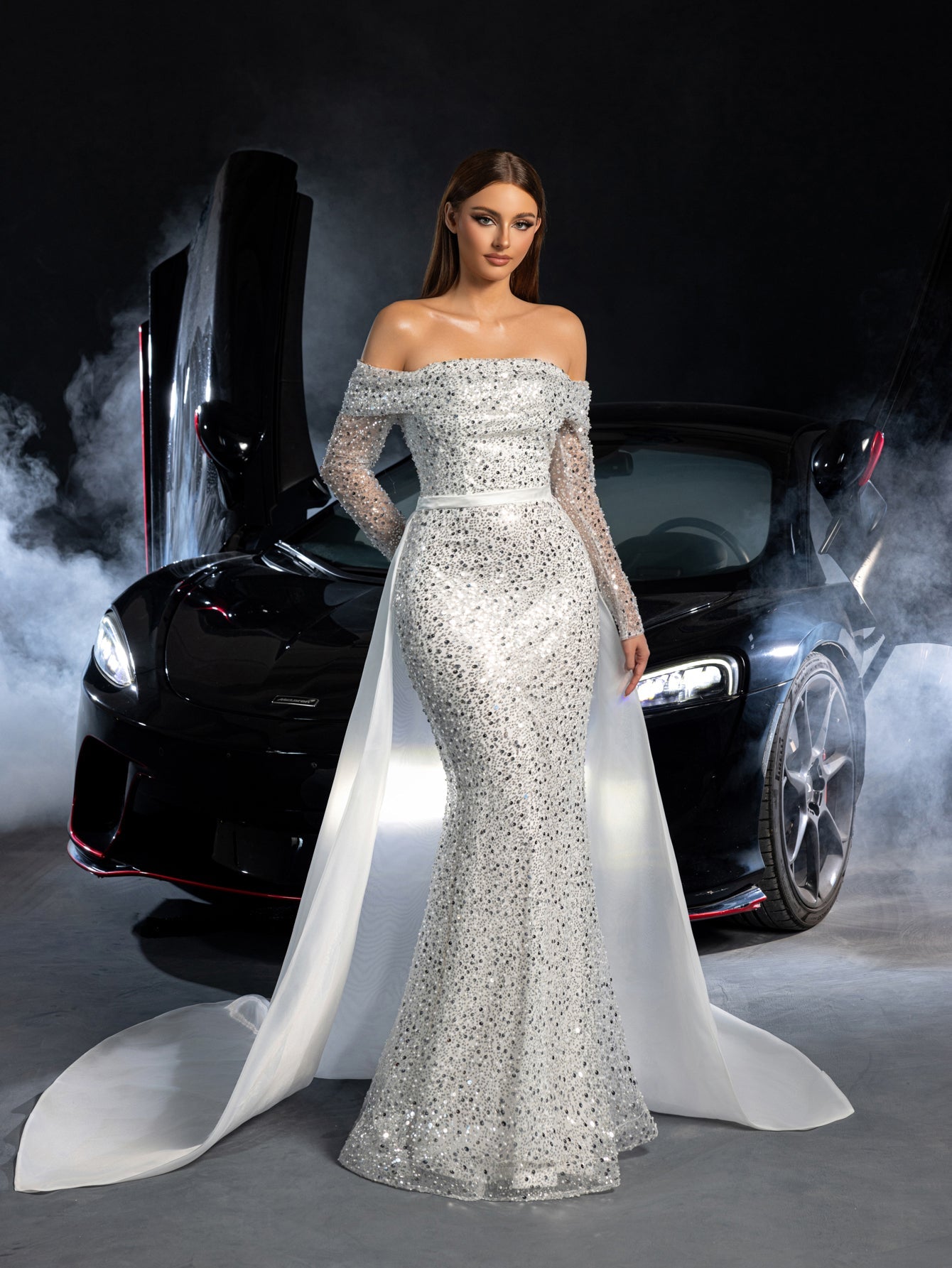 Gorgeous Off Shoulder Sheer Sleeves Mermaid Hem Sequin Wedding Dress White / XS Gorgeous Off Shoulder Sheer Sleeves Mermaid Hem Sequin Wedding Dress White / XS