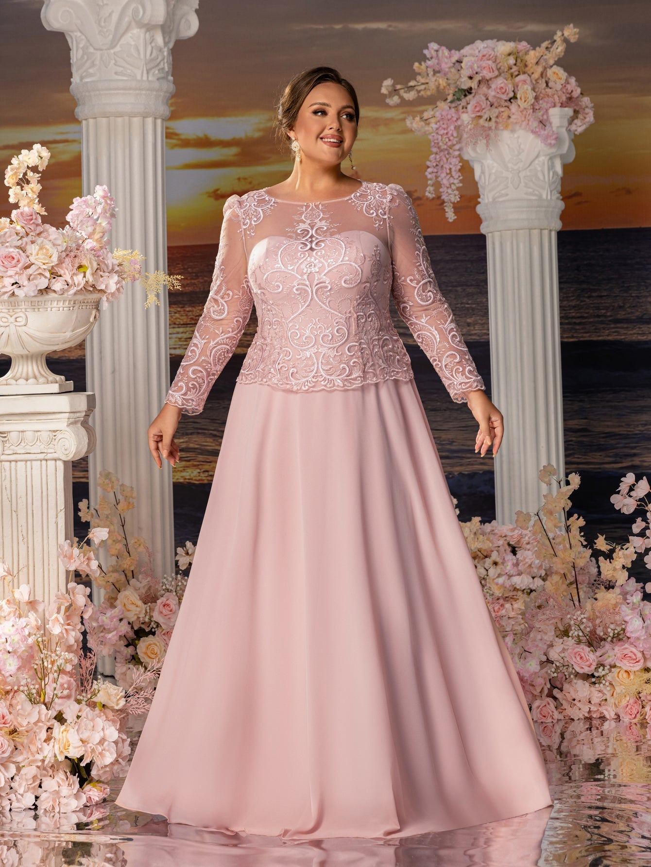 Plus Womens' Elegant Evening Gowns: Lace & Chiffon with Boat Neckline and Floral Embroidery – Timeless Formal Occasion Dresses