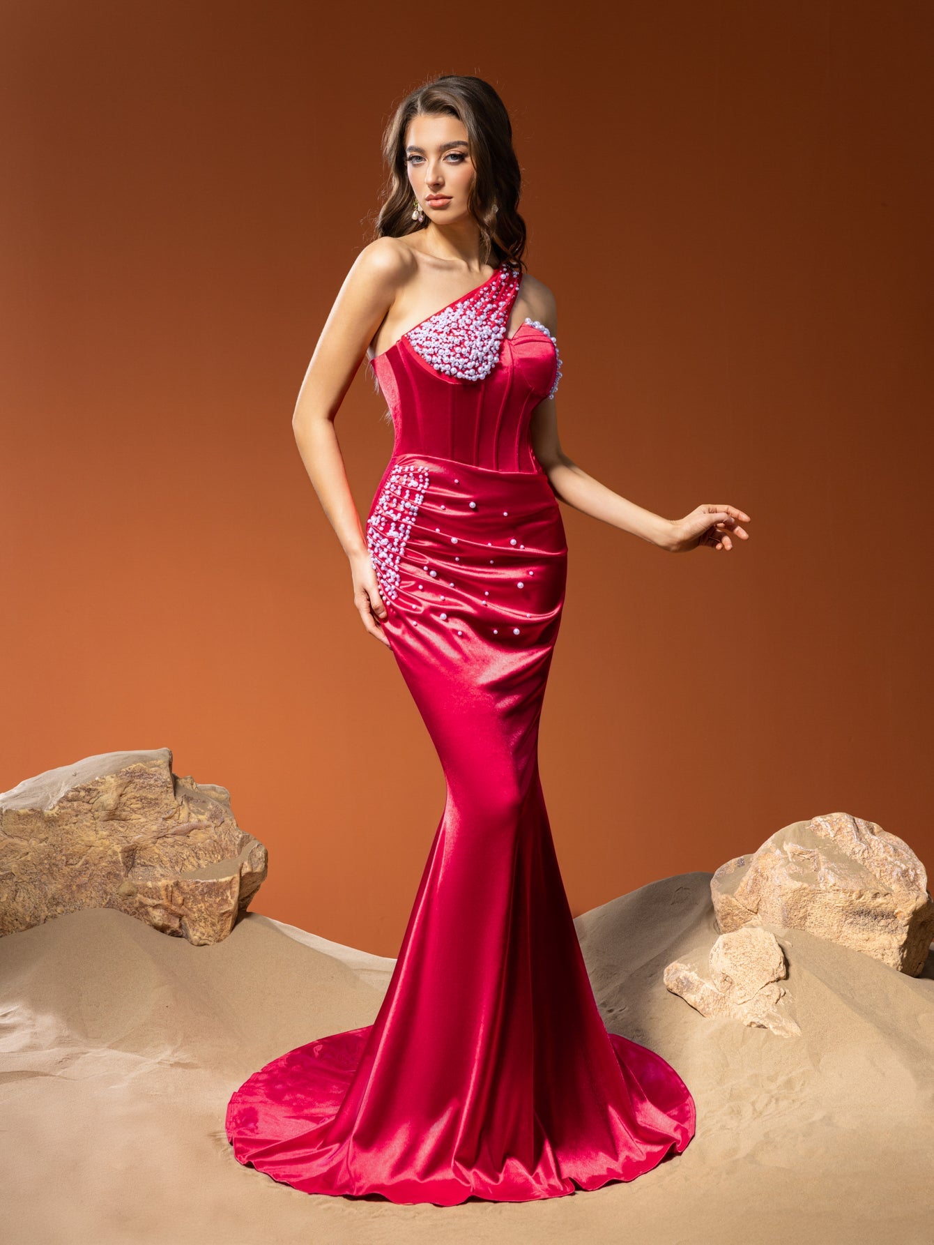 Elegant One Shoulder Mermaid Hem Satin Evening Dress with Pearl Accents