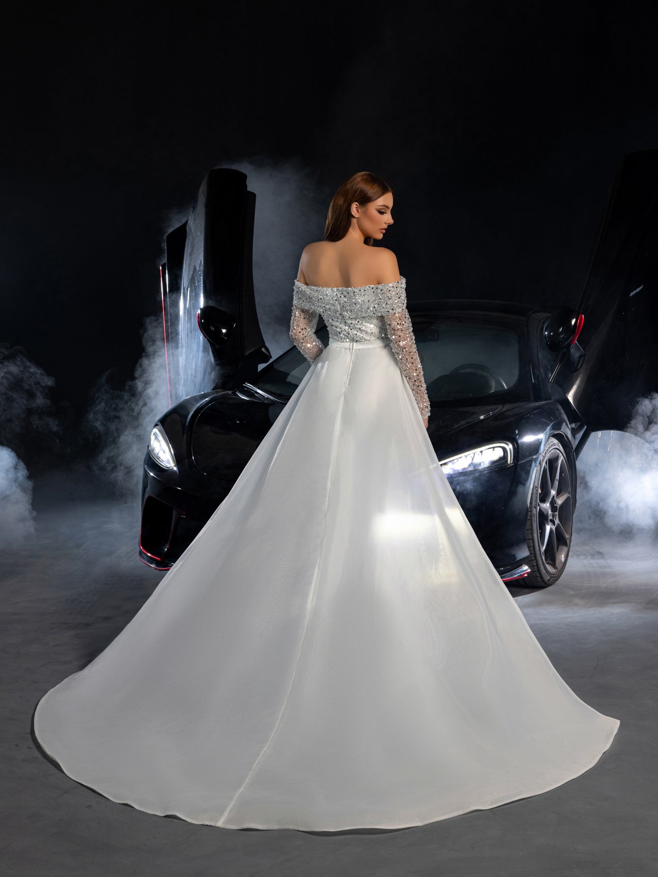 sheer sequin wedding dress Ethereal Off-Shoulder Sequin Bridal Gown with Pearl Embellishments and Long Sheer Sleeves Plus Size Size 6