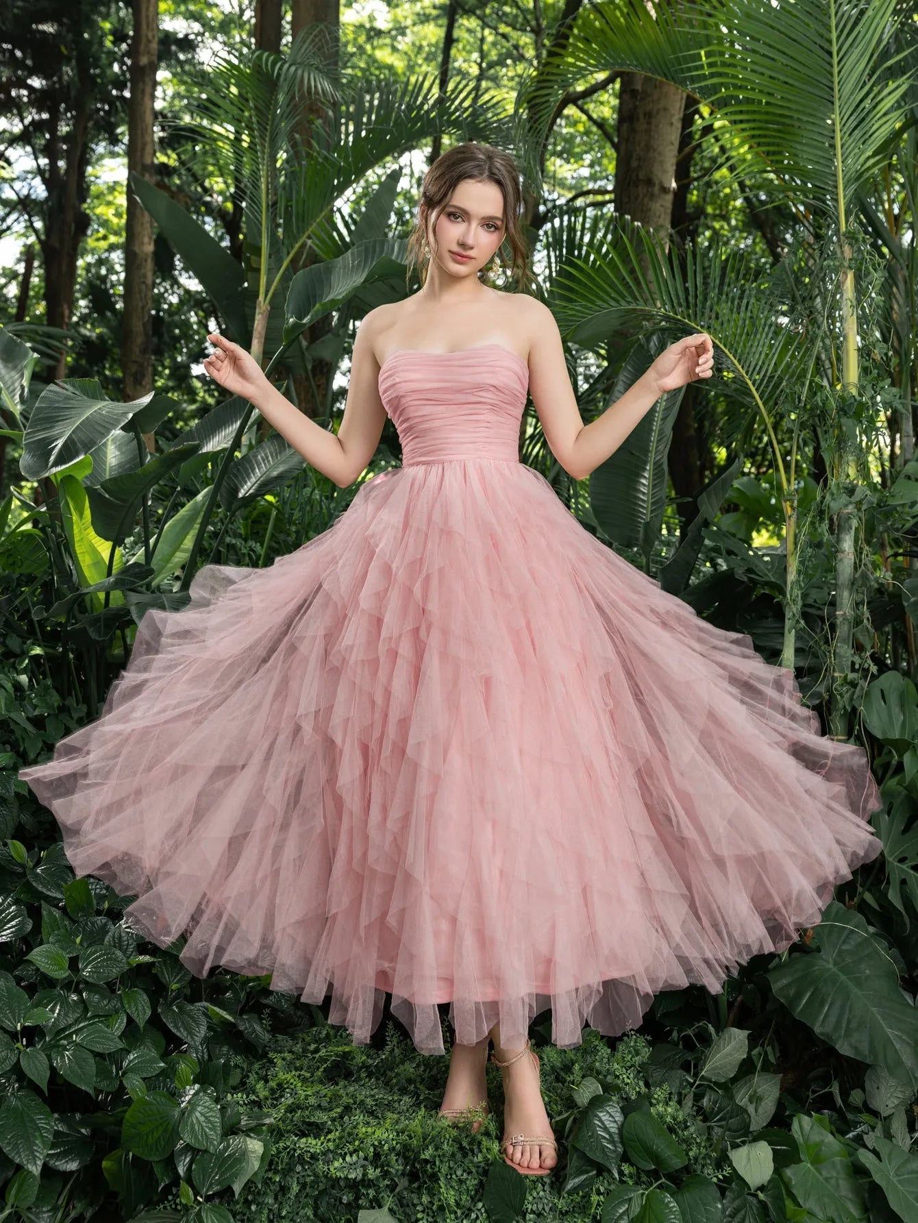 Midi Ruched Bustier Cascading Ruffle Hem Tulle Party Tube Dress Pink / L Midi Ruched Bustier Cascading Ruffle Hem Tulle Party Tube Dress Pink / L