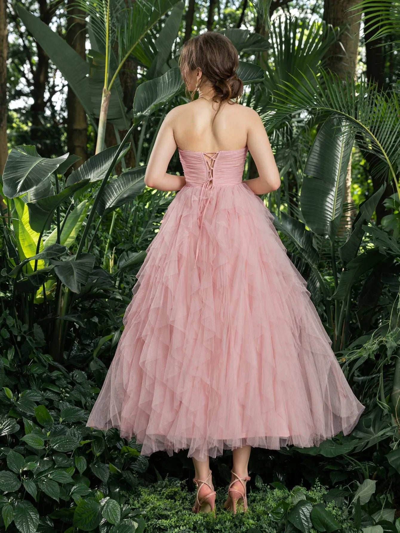Midi Ruched Bustier Cascading Ruffle Hem Tulle Party Tube Dress Pink / L Midi Ruched Bustier Cascading Ruffle Hem Tulle Party Tube Dress Pink / L