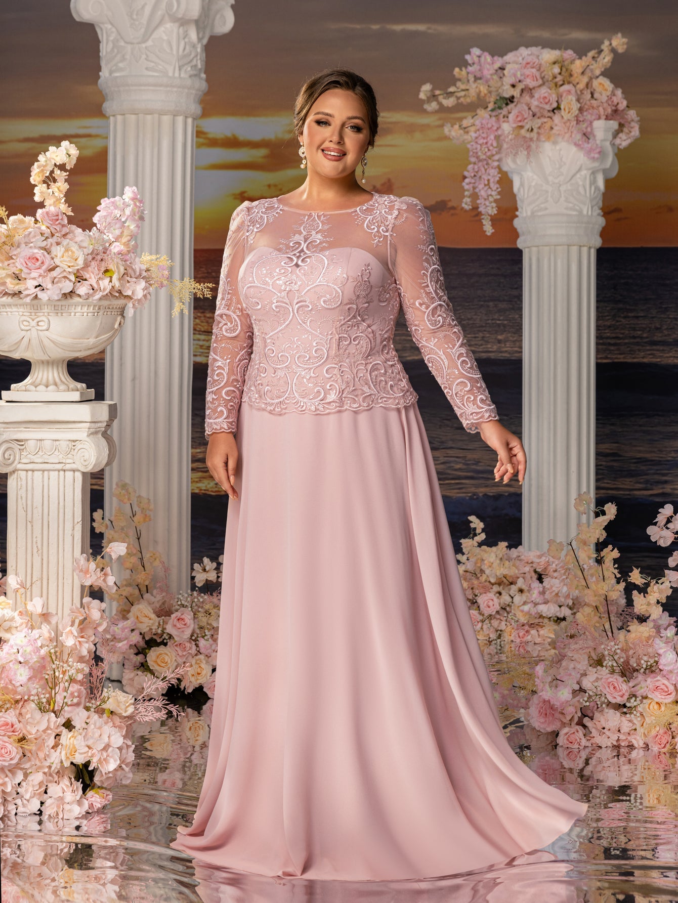 Plus Womens' Elegant Evening Gowns: Lace & Chiffon with Boat Neckline Pink / 4XL Plus Womens' Elegant Evening Gowns: Lace & Chiffon with Boat Neckline Pink / 4XL