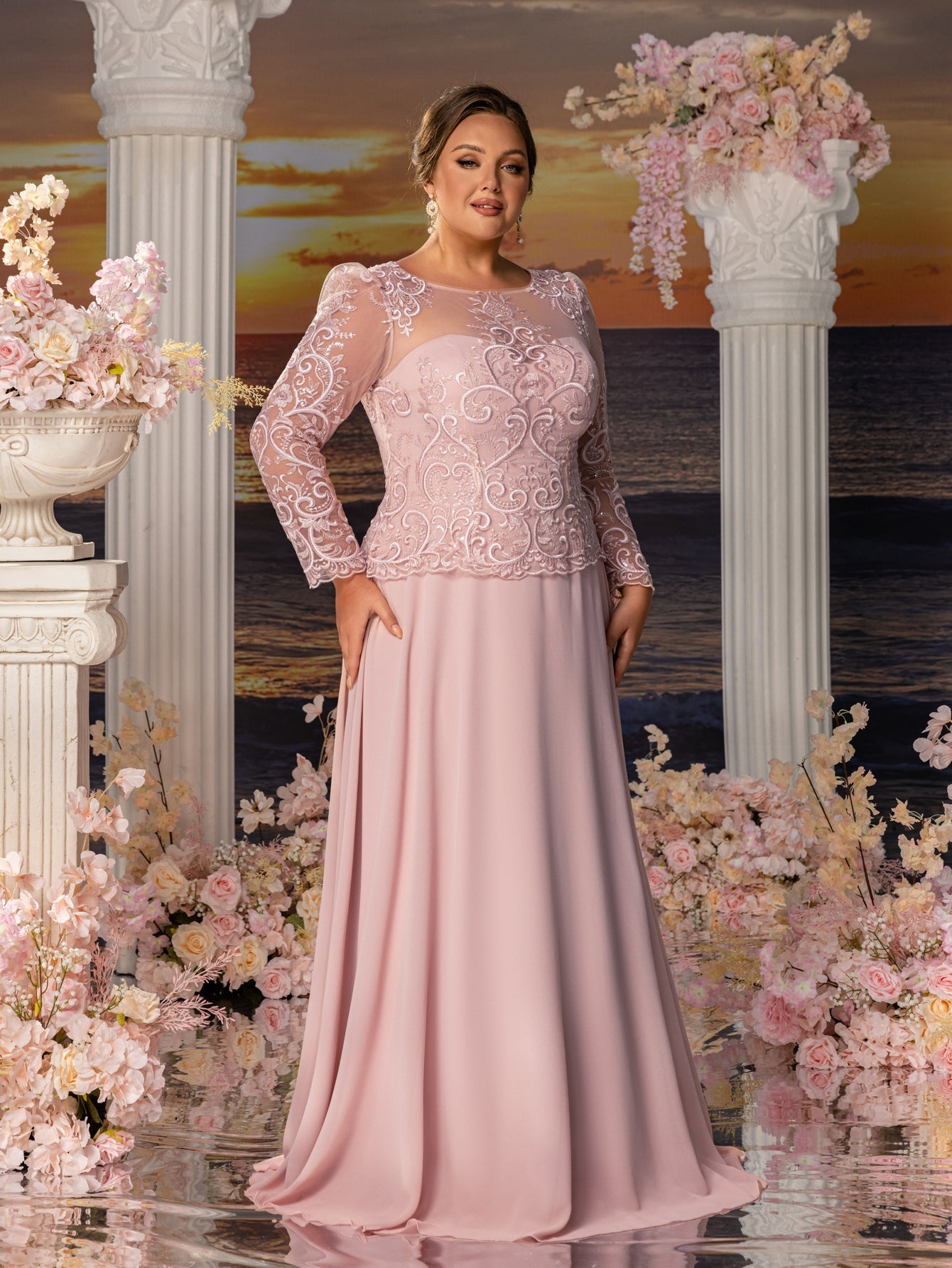 Plus Womens' Elegant Evening Gowns: Lace & Chiffon with Boat Neckline and Floral Embroidery – Timeless Formal Occasion Dresses