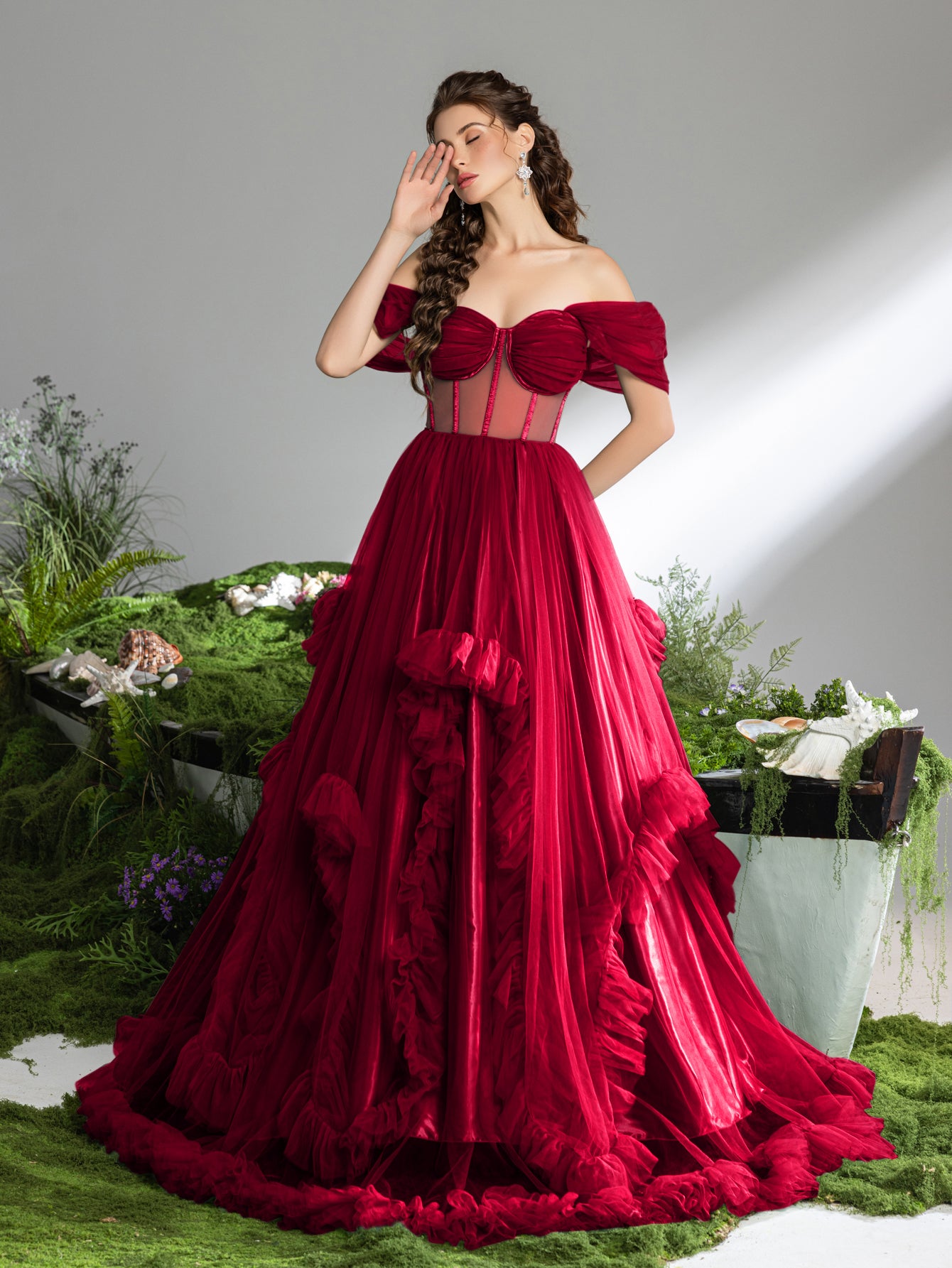 corset prom dress with flowy bottom Leely Women Fuchsia Corset Prom Dress with Sequins Tiered Off The Shoulder Party Dress with Slit