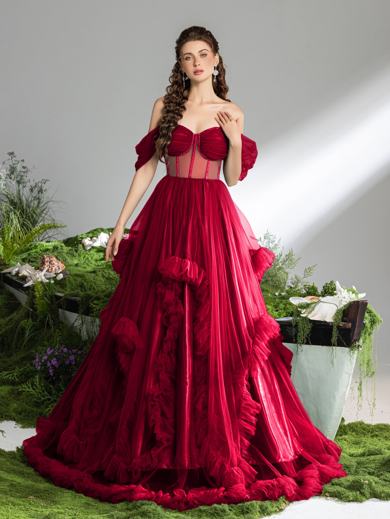 open lace back dress Sleeveless Corset Ruffled A-line Slit Gown by Amarra 88872 – ABC Fashion main image 0