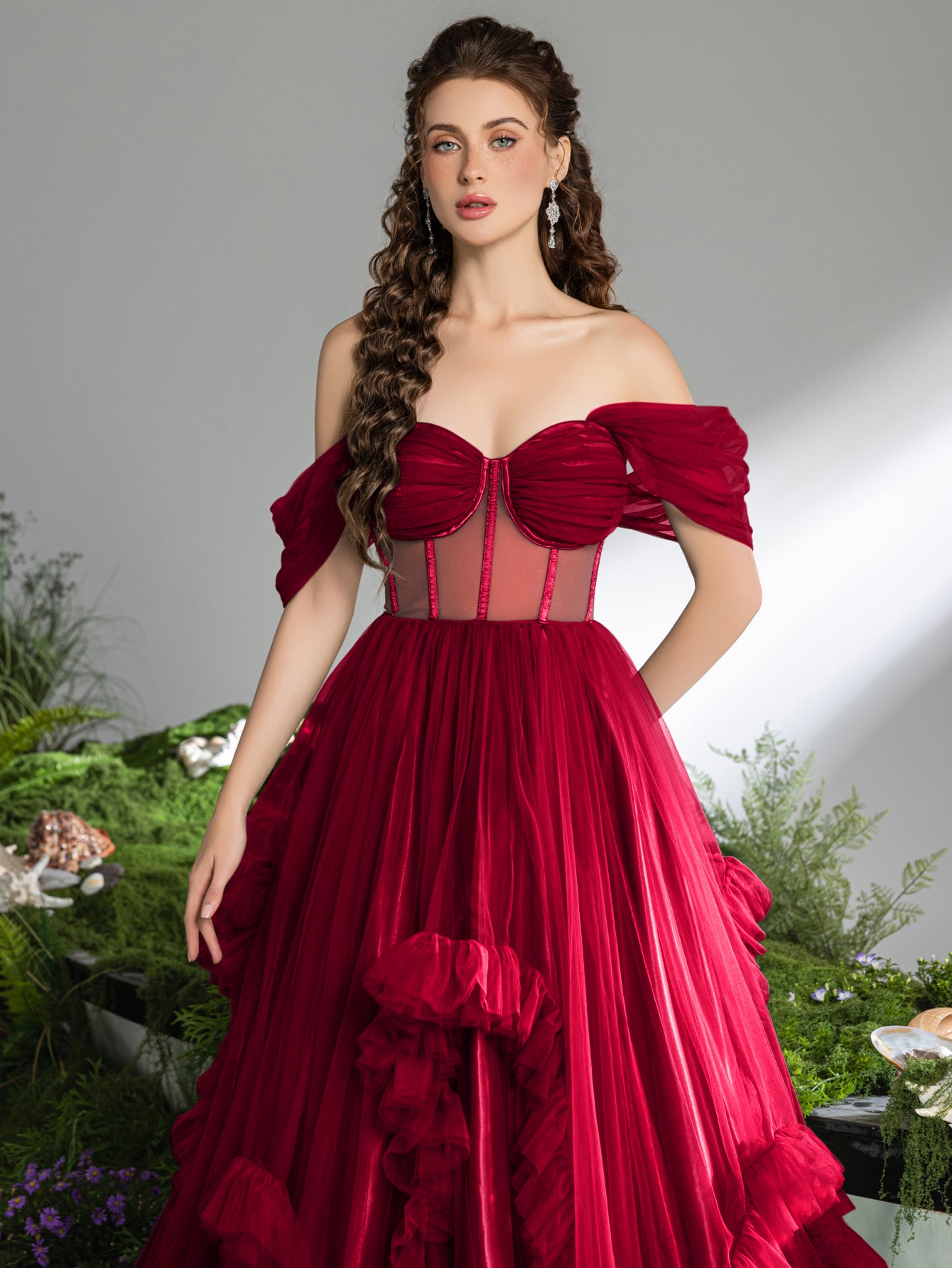 Gorgeous Off Shoulder Sheer Corset Bodice Ruffle Trim Tulle Prom Dress, Burgundy / M