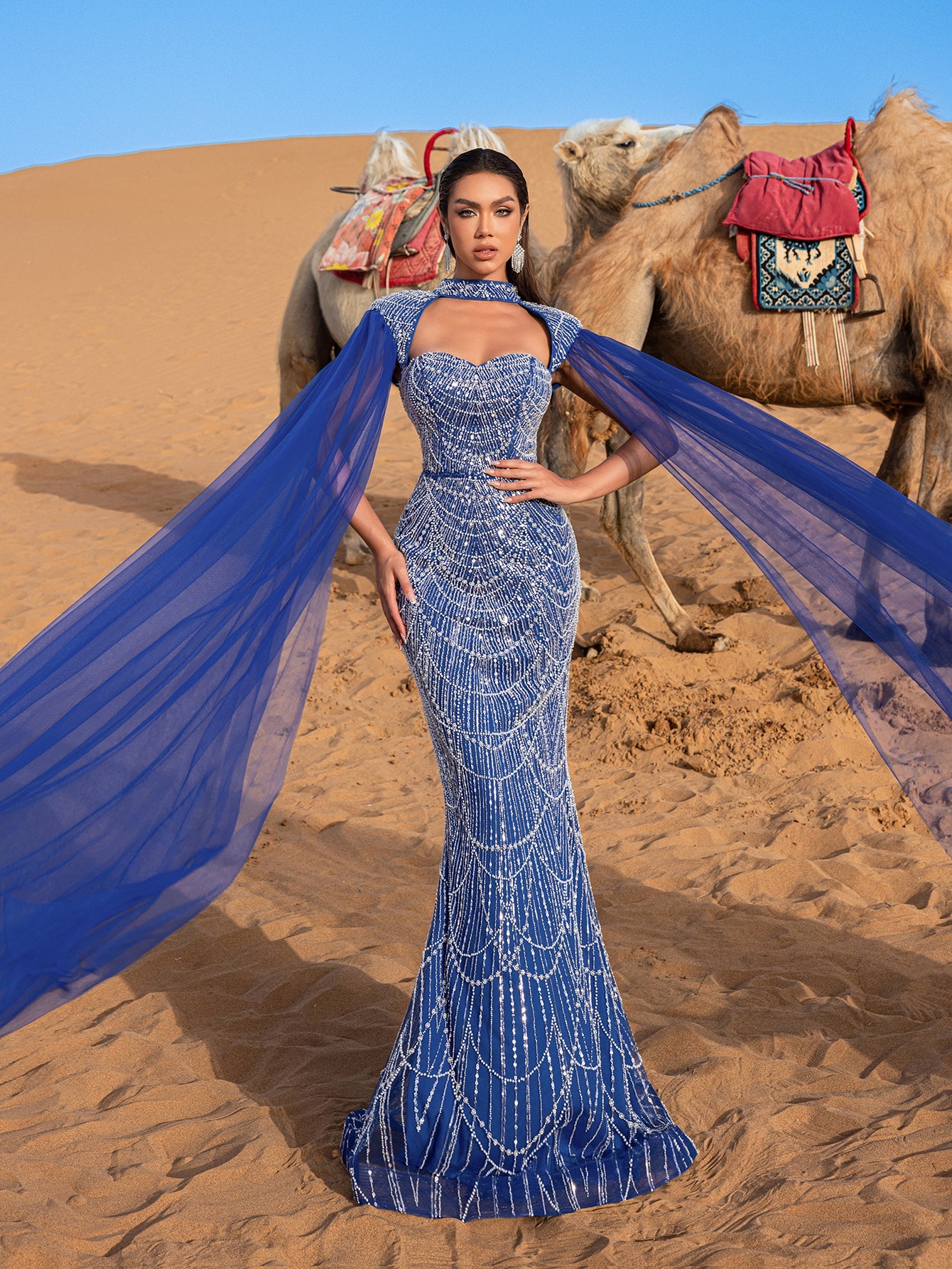 Gorgeous Choker Neck Backless Extra-Long Sleeves Beaded Formal Dress Blue Ashes / S Gorgeous Choker Neck Backless Extra-Long Sleeves Beaded Formal Dress Blue Ashes / S