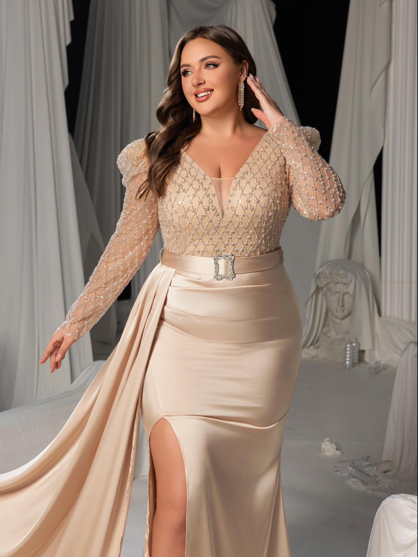 Plus Size Deep V-Neck Lace-Up Back Beaded Mermaid Evening Gown - Formal Dress with Belted Waist