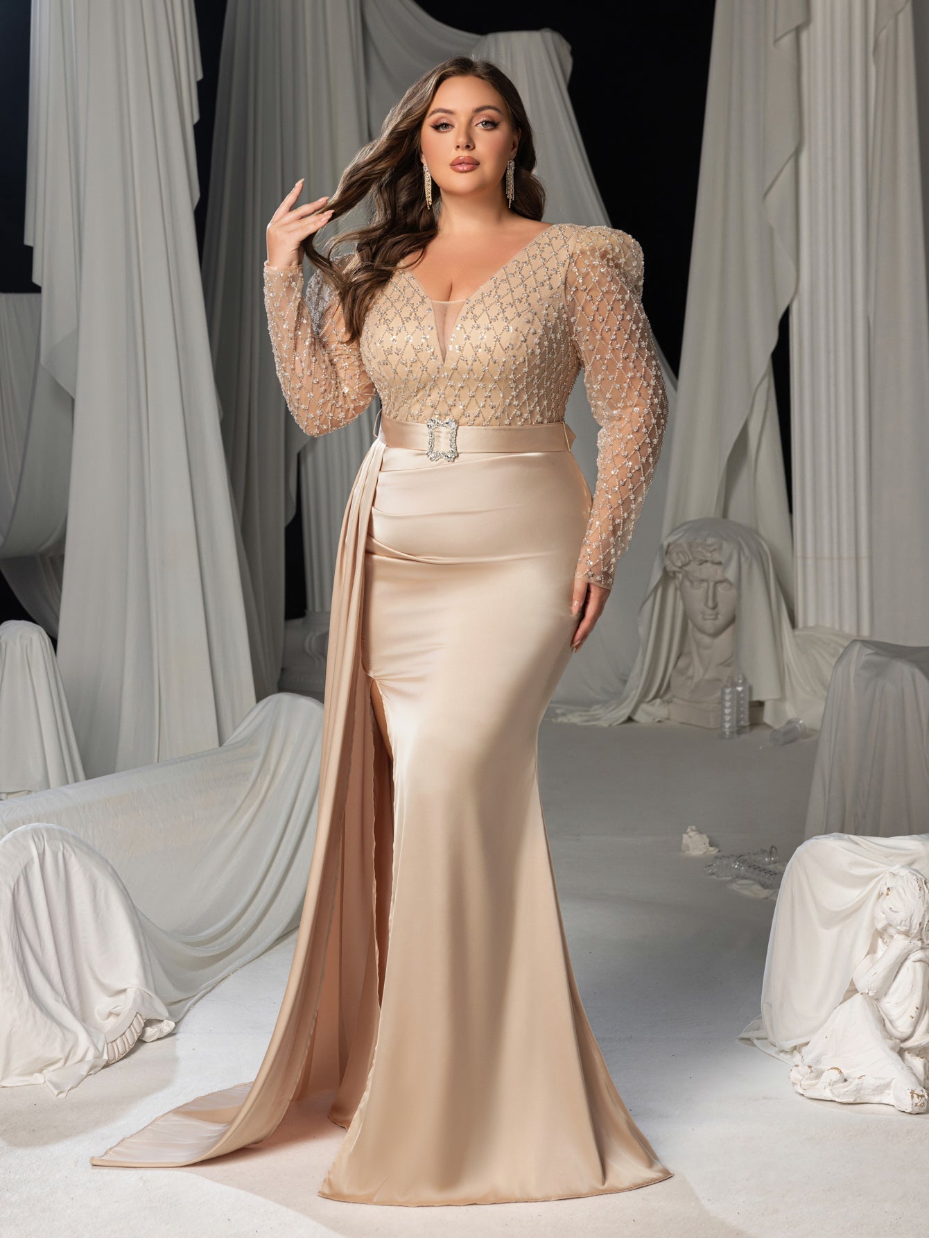 Plus Size Deep V-Neck Lace-Up Back Beaded Mermaid Evening Gown - Formal Dress with Belted Waist