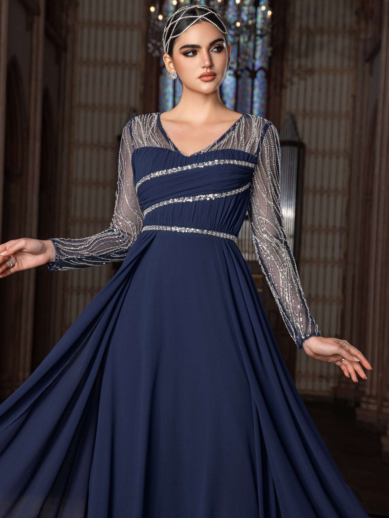 Elegant Chiffon V-Neck Evening Gown with Silver Sequined Translucent Sleeves & Floor-Length Skirt