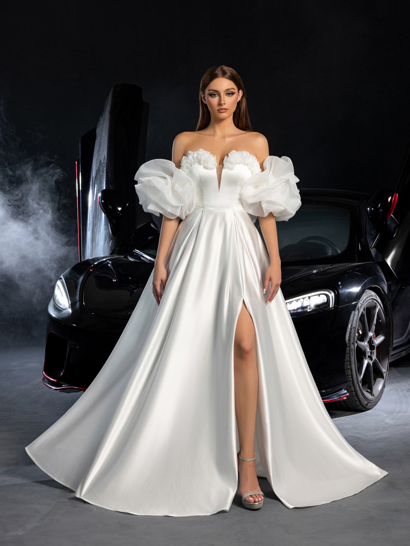 Gorgeous Off Shoulder Puff Sleeves Split Satin A-line Wedding Dress White / XS Gorgeous Off Shoulder Puff Sleeves Split Satin A-line Wedding Dress White / XS