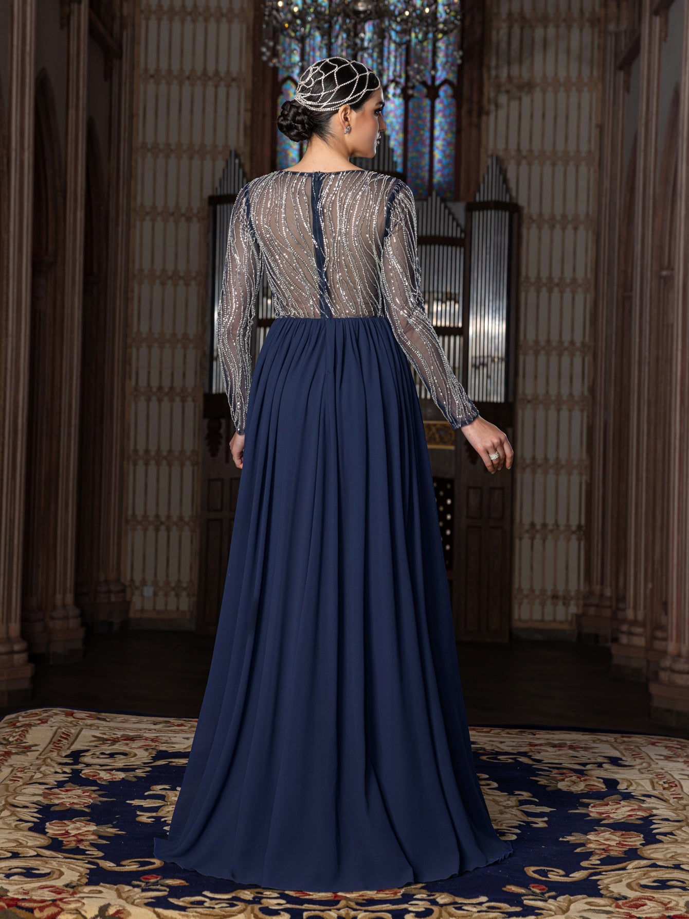 Elegant Chiffon V-Neck Evening Gown with Silver Sequined Translucent Sleeves & Floor-Length Skirt