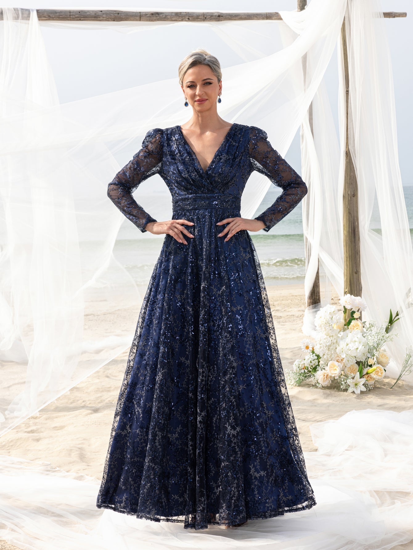 Womens' Elegant Lace & Sequin Evening Gown - V-Neck Long Sleeve Design with Cinched Waist & Flowing A-Line Skirt for Coastal Weddings, Luxury Evening Events