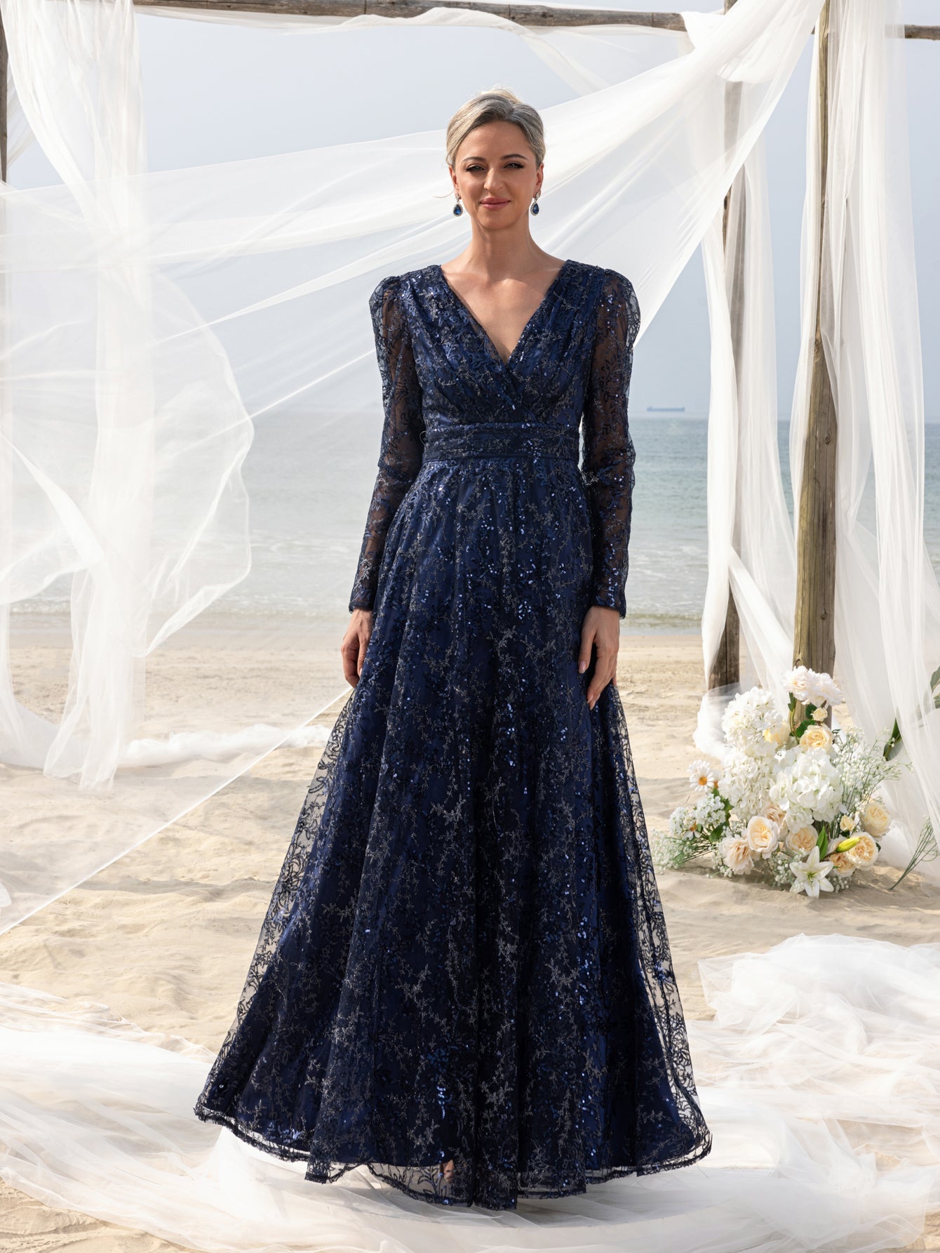 Womens' Elegant Lace & Sequin Evening Gown - V-Neck Long Sleeve Design with Cinched Waist & Flowing A-Line Skirt for Coastal Weddings, Luxury Evening Events