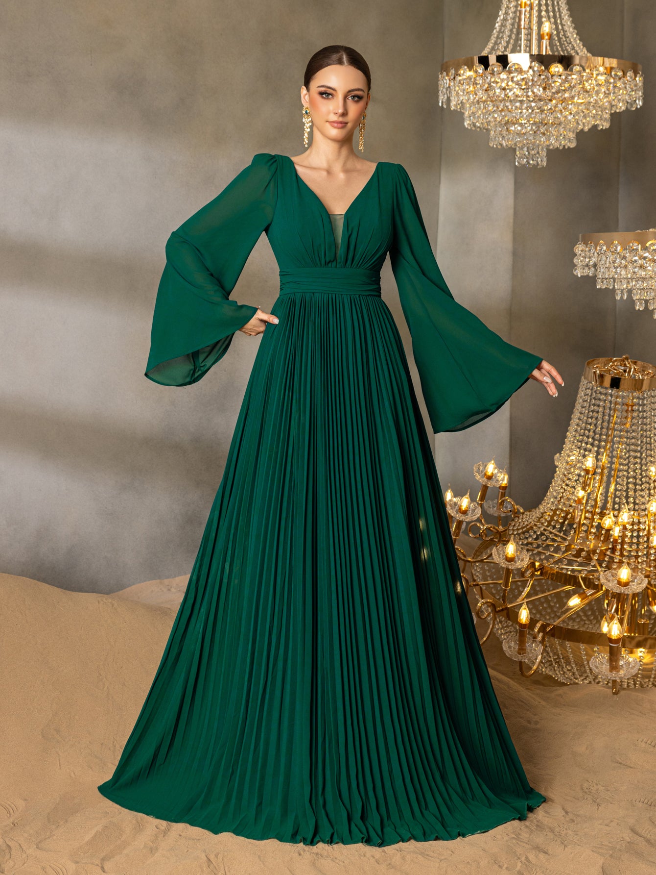 Plunging Neck Flared Sleeves Pleated Chiffon Dresses Dark Green / S Plunging Neck Flared Sleeves Pleated Chiffon Dresses Dark Green / S
