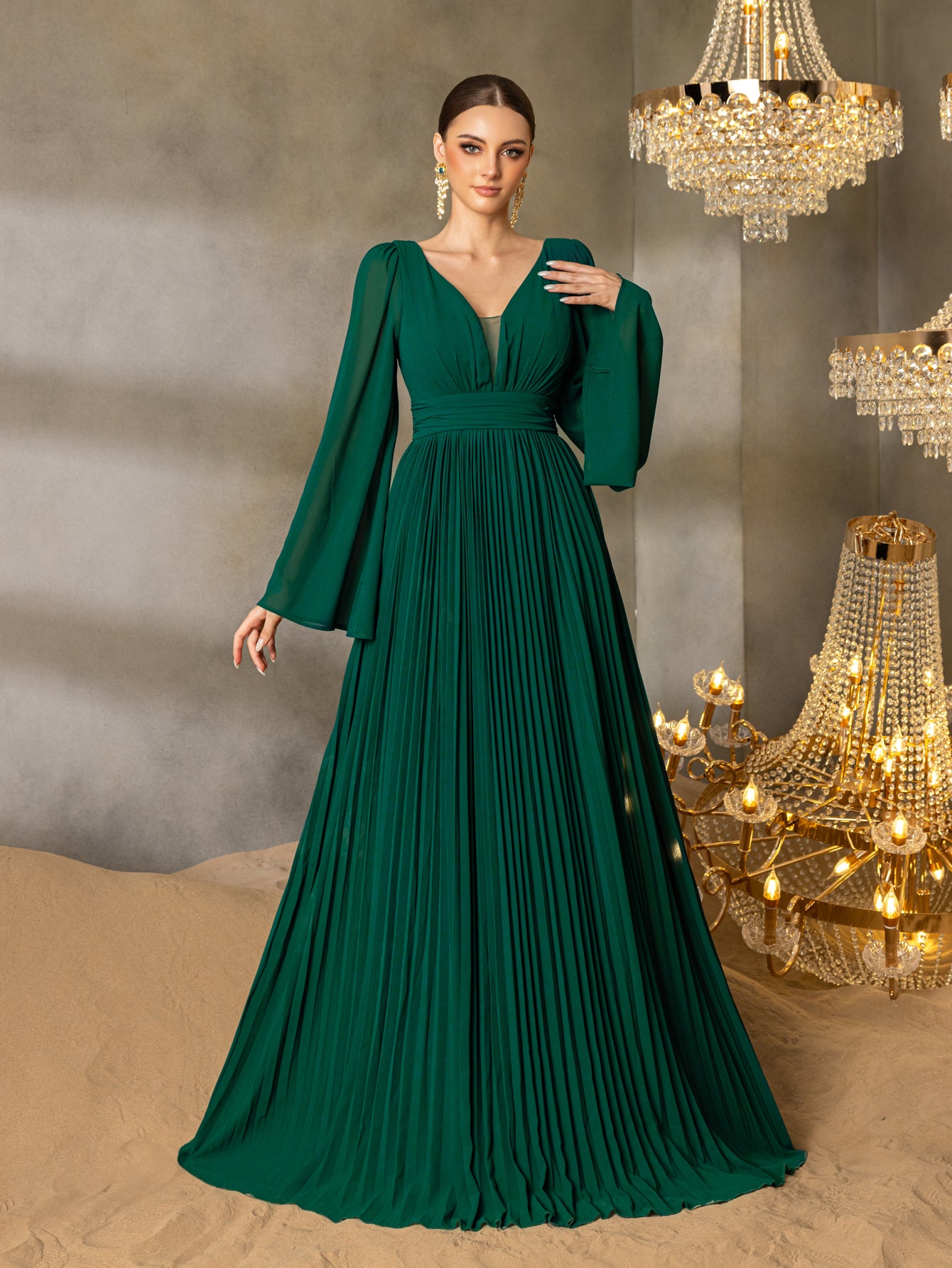 Plunging Neck Flared Sleeves Pleated Chiffon Dresses – Faeriesty