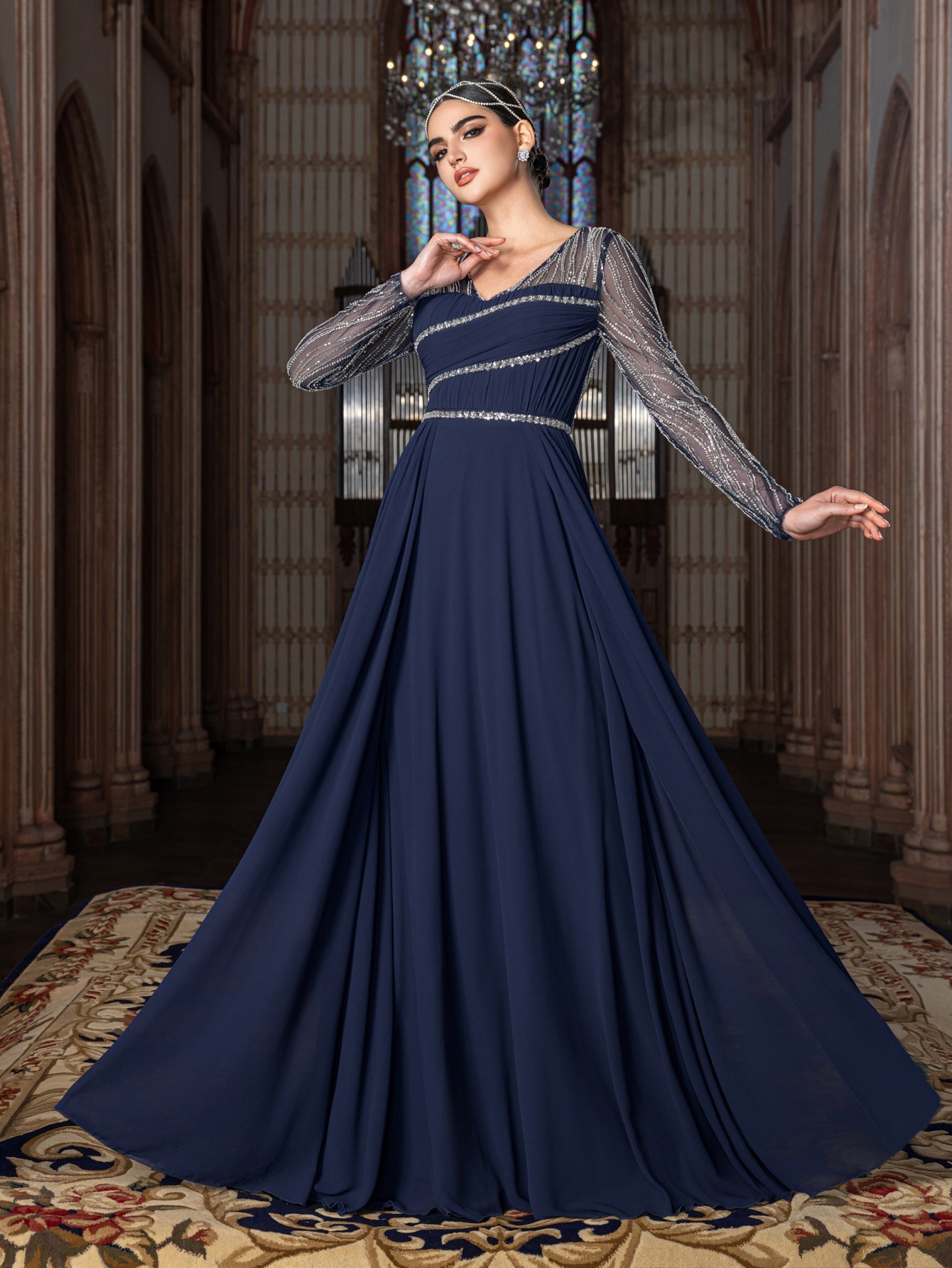 Elegant Chiffon V-Neck Evening Gown with Silver Sequined Translucent Sleeves & Floor-Length Skirt