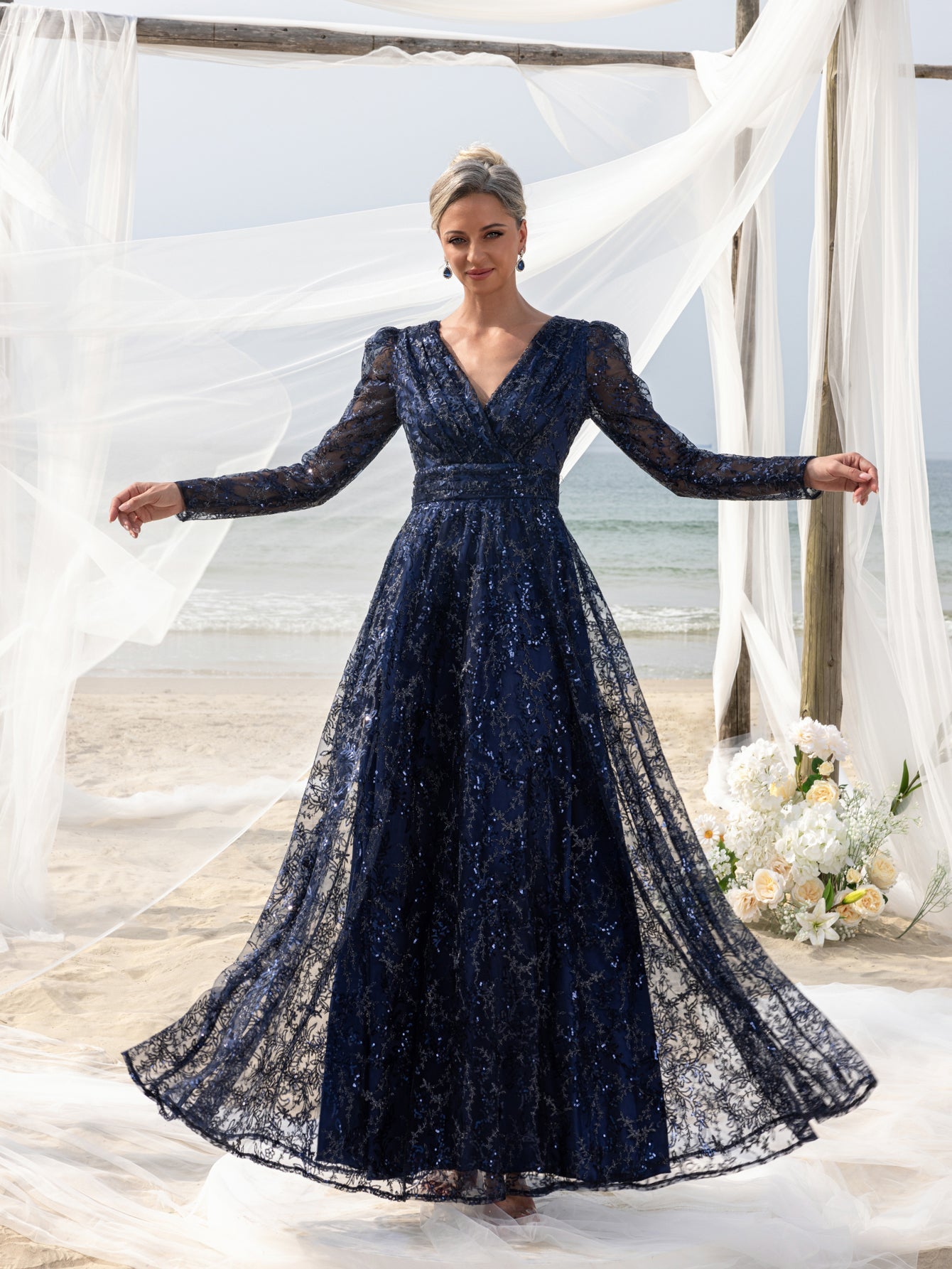 Womens' Elegant Lace & Sequin Evening Gown - V-Neck Long Sleeve Design with Cinched Waist & Flowing A-Line Skirt for Coastal Weddings, Luxury Evening Events