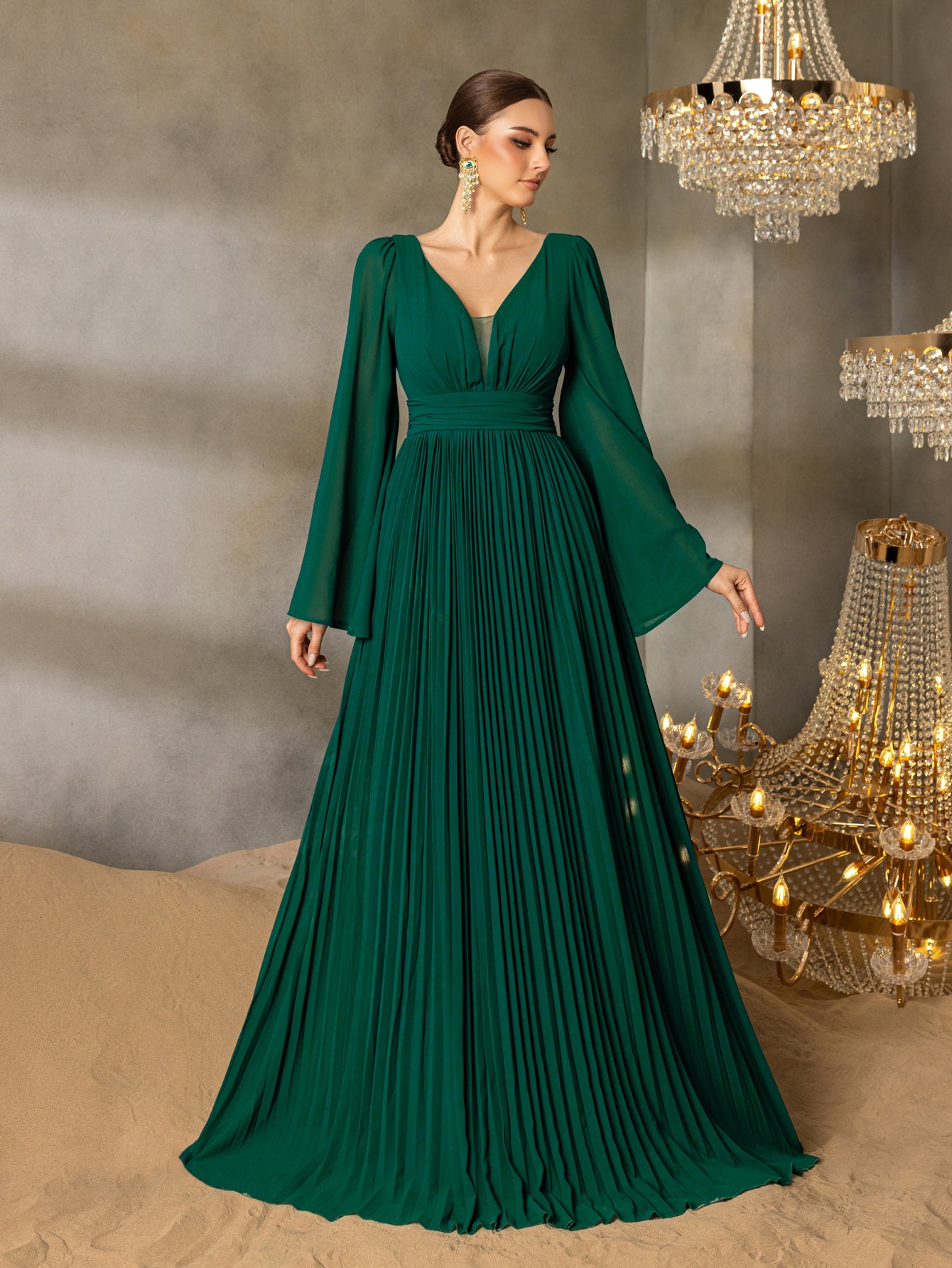Plunging Neck Flared Sleeves Pleated Chiffon Dresses Faeriesty Plunging Neck Flared Sleeves Pleated Chiffon Dresses Faeriesty
