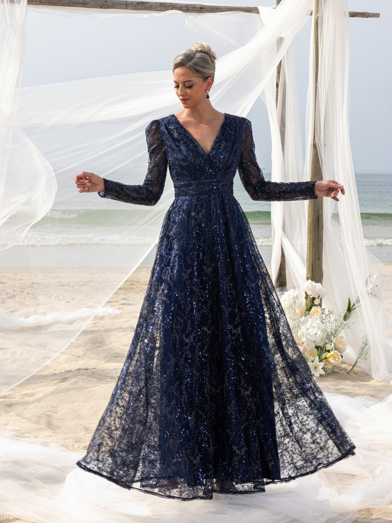 Womens' Elegant Lace & Sequin Evening Gown - V-Neck Long Sleeve Design with Cinched Waist & Flowing A-Line Skirt for Coastal Weddings, Luxury Evening Events