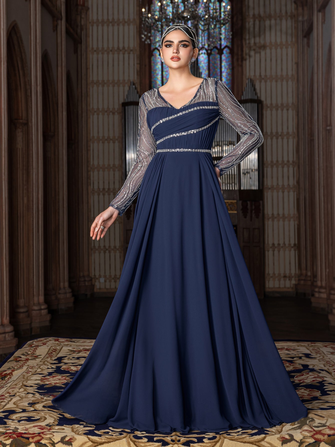 Elegant Chiffon V-Neck Evening Gown with Silver Sequined Translucent Sleeves & Floor-Length Skirt
