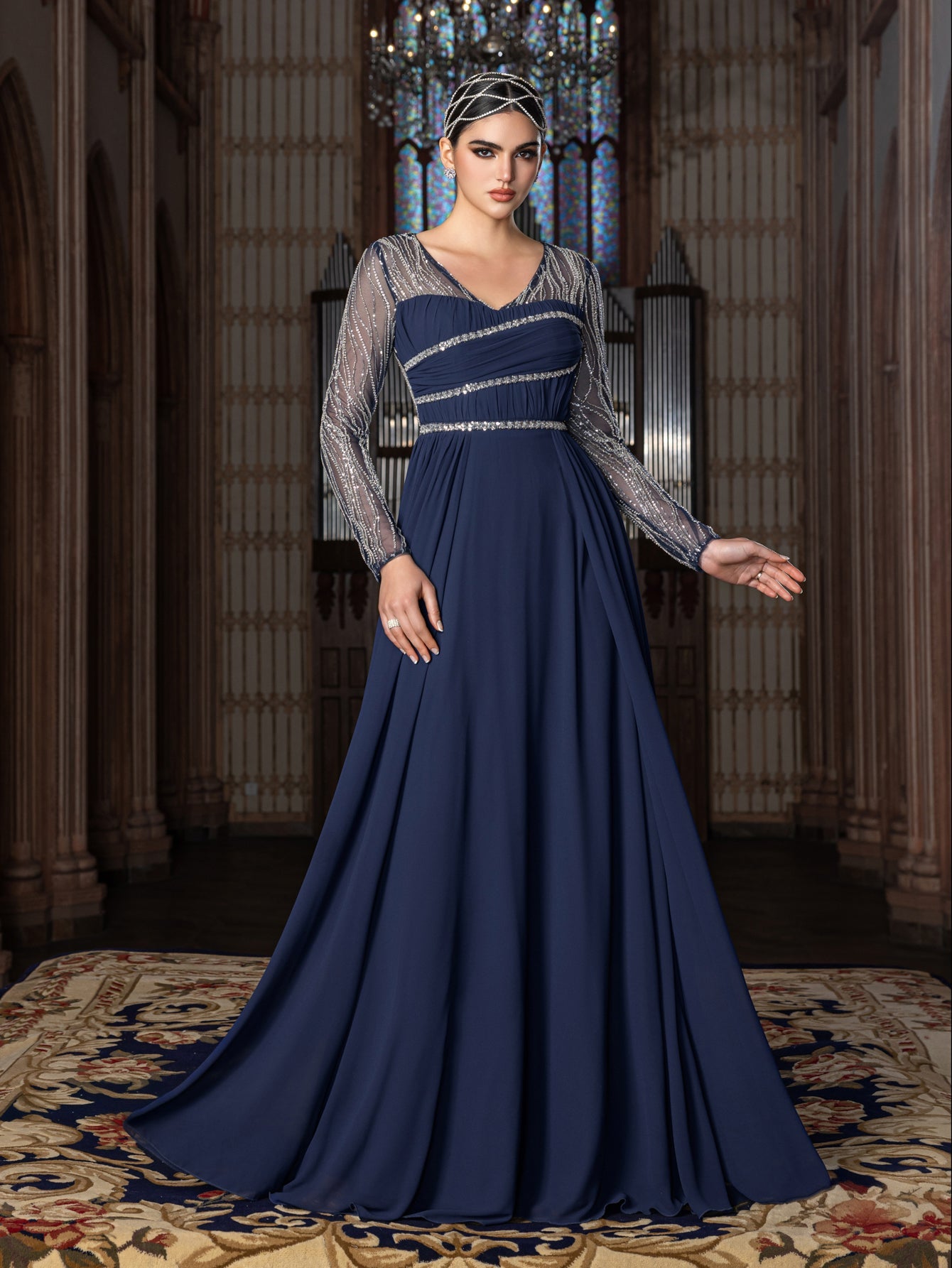 Elegant Chiffon V-Neck Evening Gown with Silver Sequined Translucent Sleeves & Floor-Length Skirt