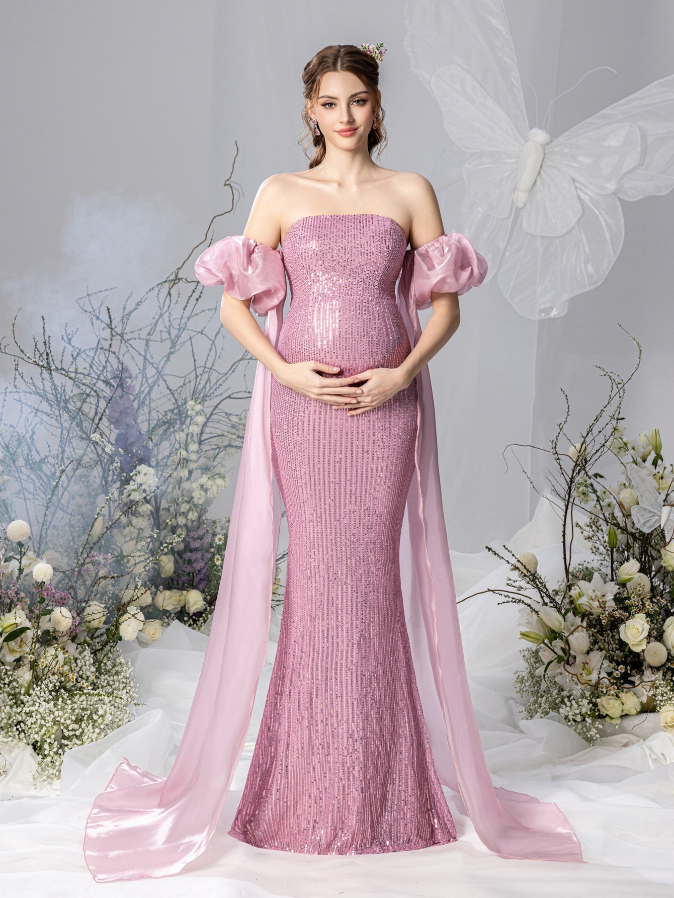 Maternity Strapless Mermaid Hem Sequin Evening Dress Mauve / XXL Maternity Strapless Mermaid Hem Sequin Evening Dress Mauve / XXL