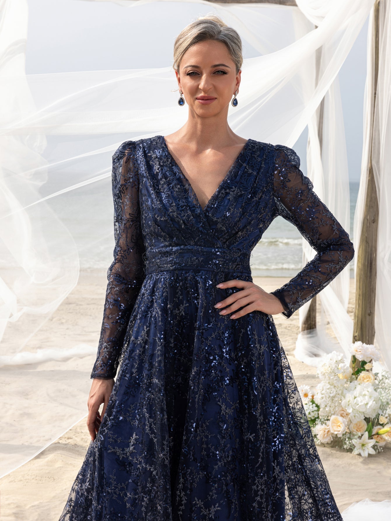 Womens' Elegant Lace & Sequin Evening Gown - V-Neck Long Sleeve Design with Cinched Waist & Flowing A-Line Skirt for Coastal Weddings, Luxury Evening Events