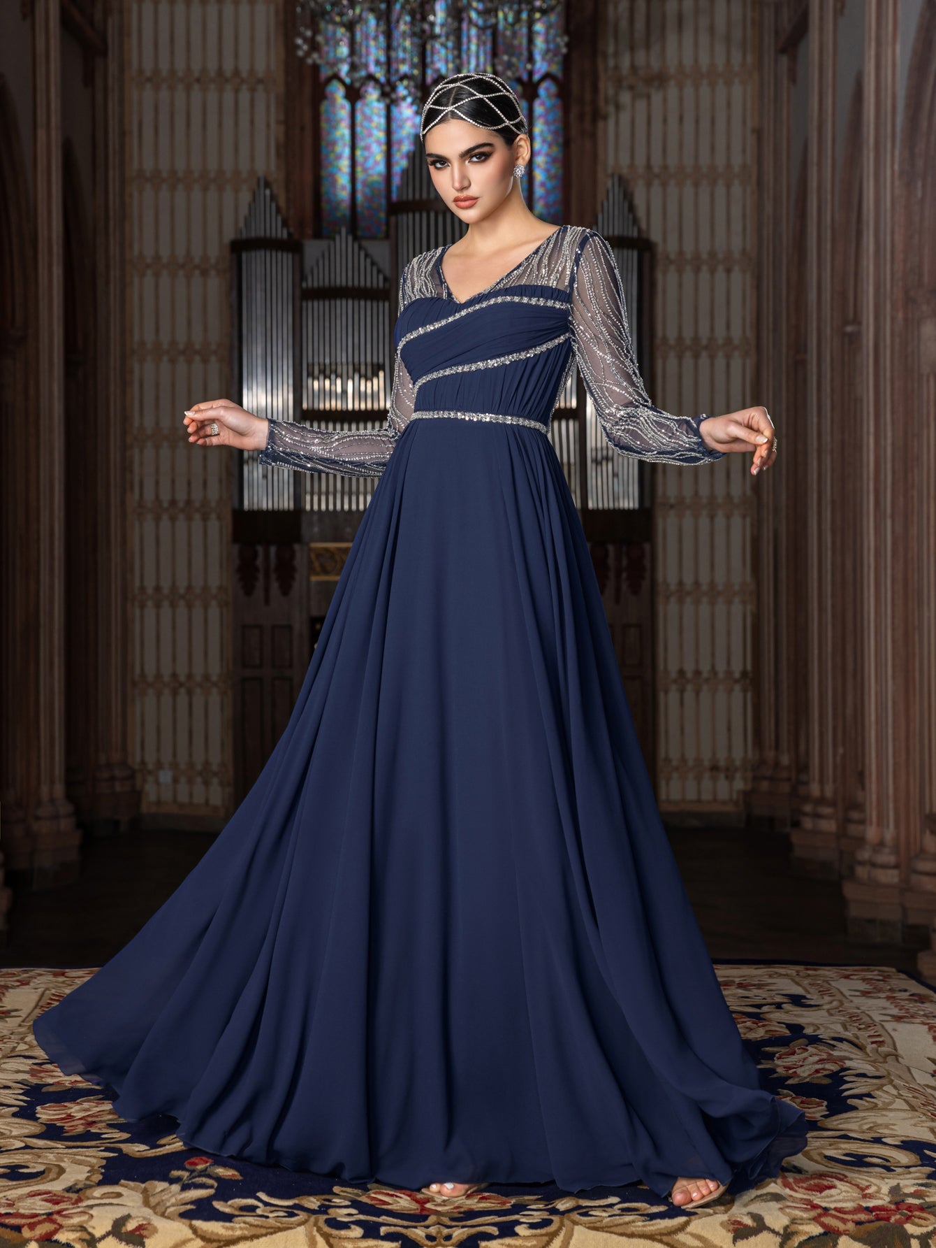 Elegant Chiffon V-Neck Evening Gown with Silver Sequined Translucent Sleeves & Floor-Length Skirt