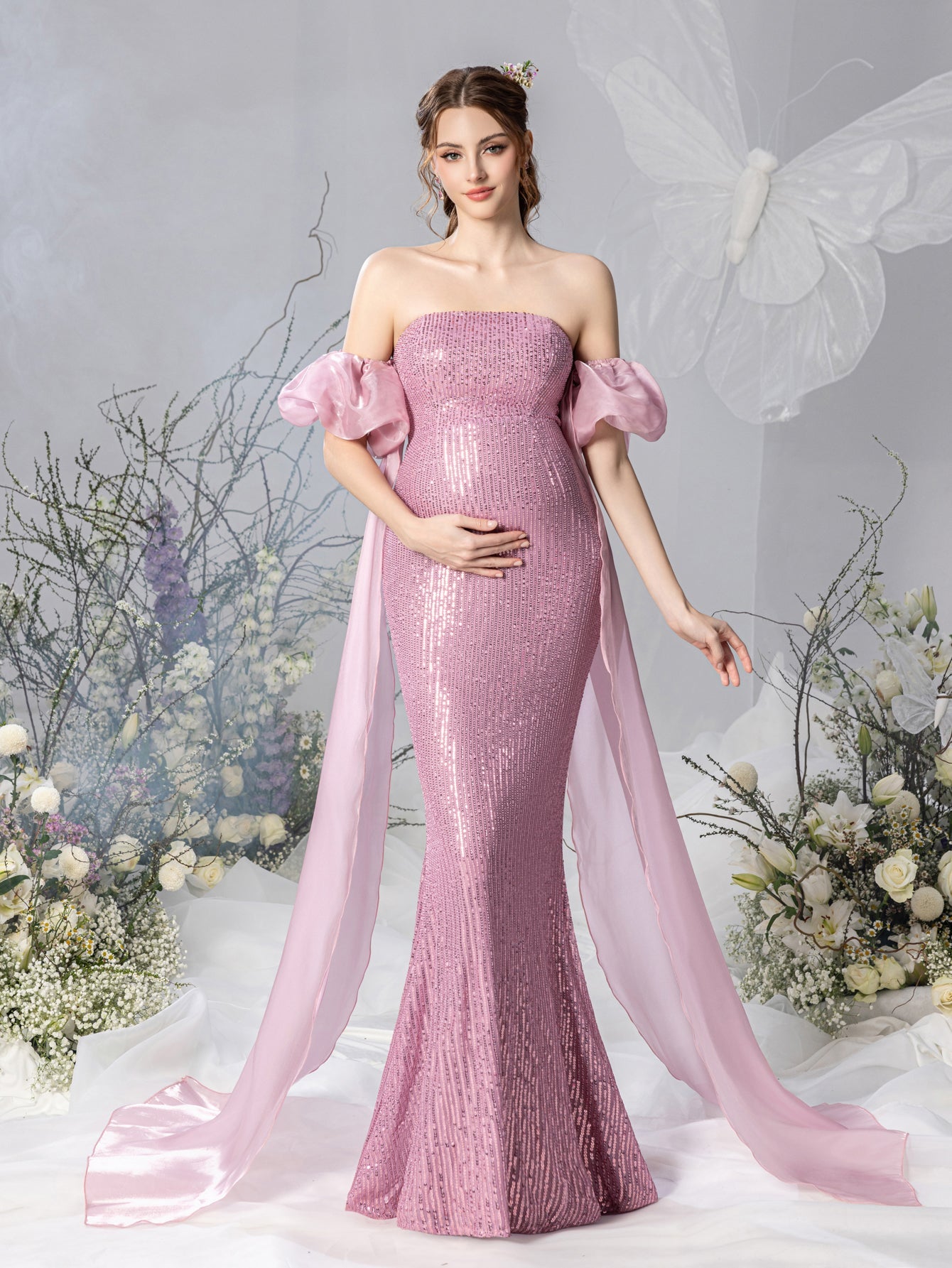 Maternity Strapless Mermaid Hem Sequin Evening Dress, Mauve / XXL Maternity Strapless Mermaid Hem Sequin Evening Dress, Mauve / XXL