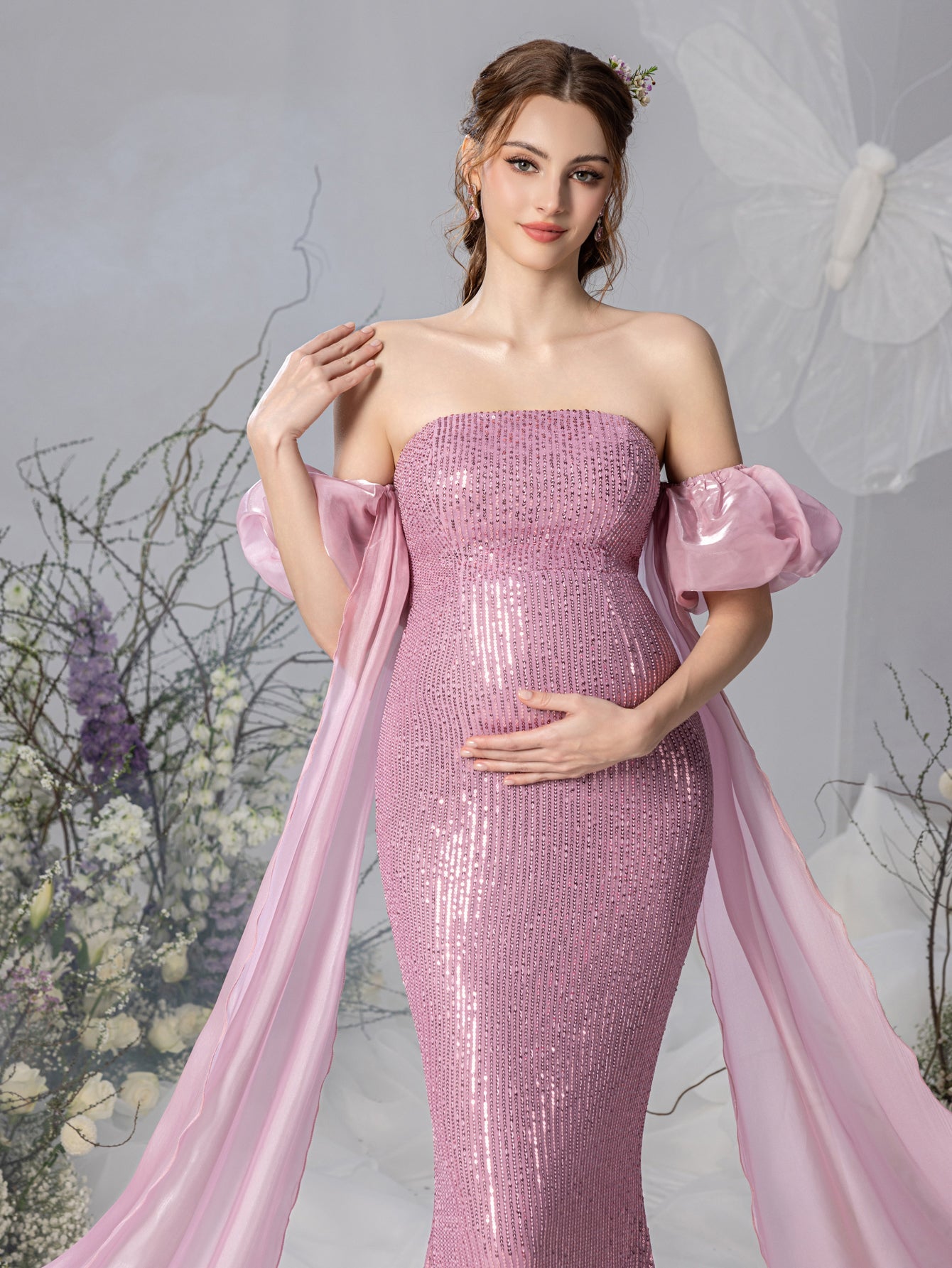 sequin maternity bridesmaid dresses Maternity Strapless Mermaid Hem Sequin Evening Dress Elonnashop