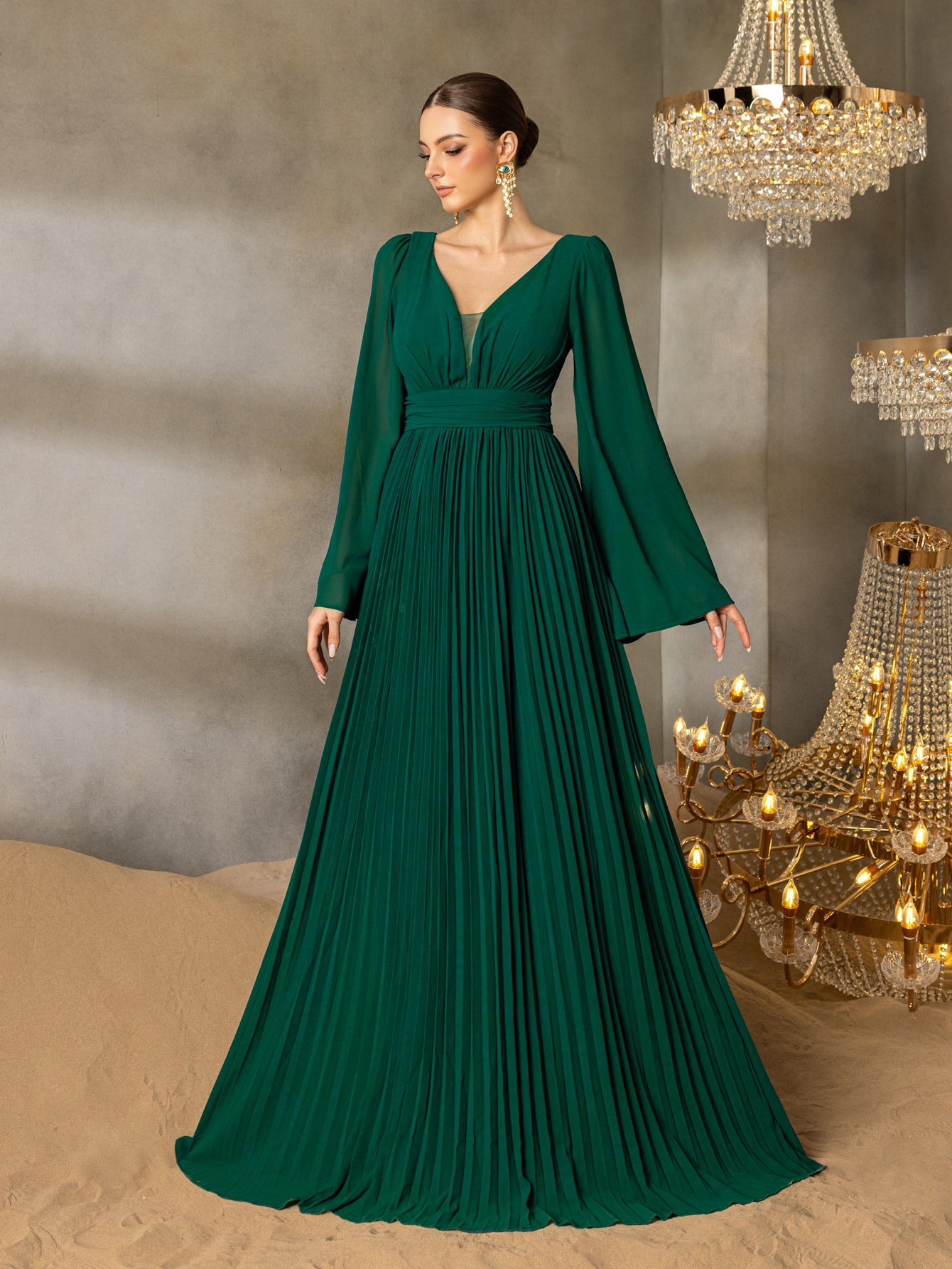 Plunging Neck Flared Sleeves Pleated Chiffon Dresses – Faeriesty