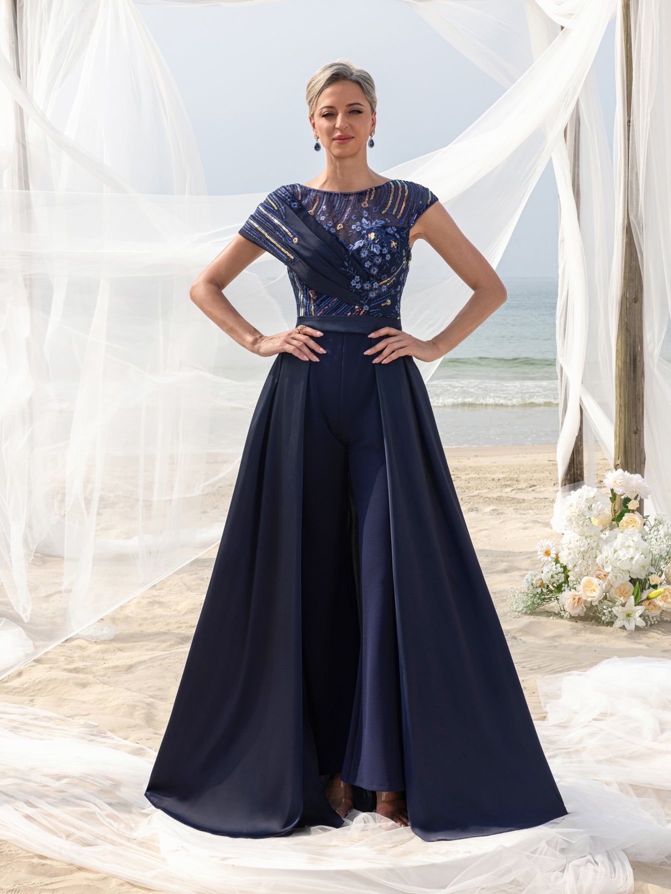 Womens' Elegant Beaded & Sequined Satin Jumpsuit with V-Neckline, Low Back & Flowing Skirt – Glamorous Evening Wear