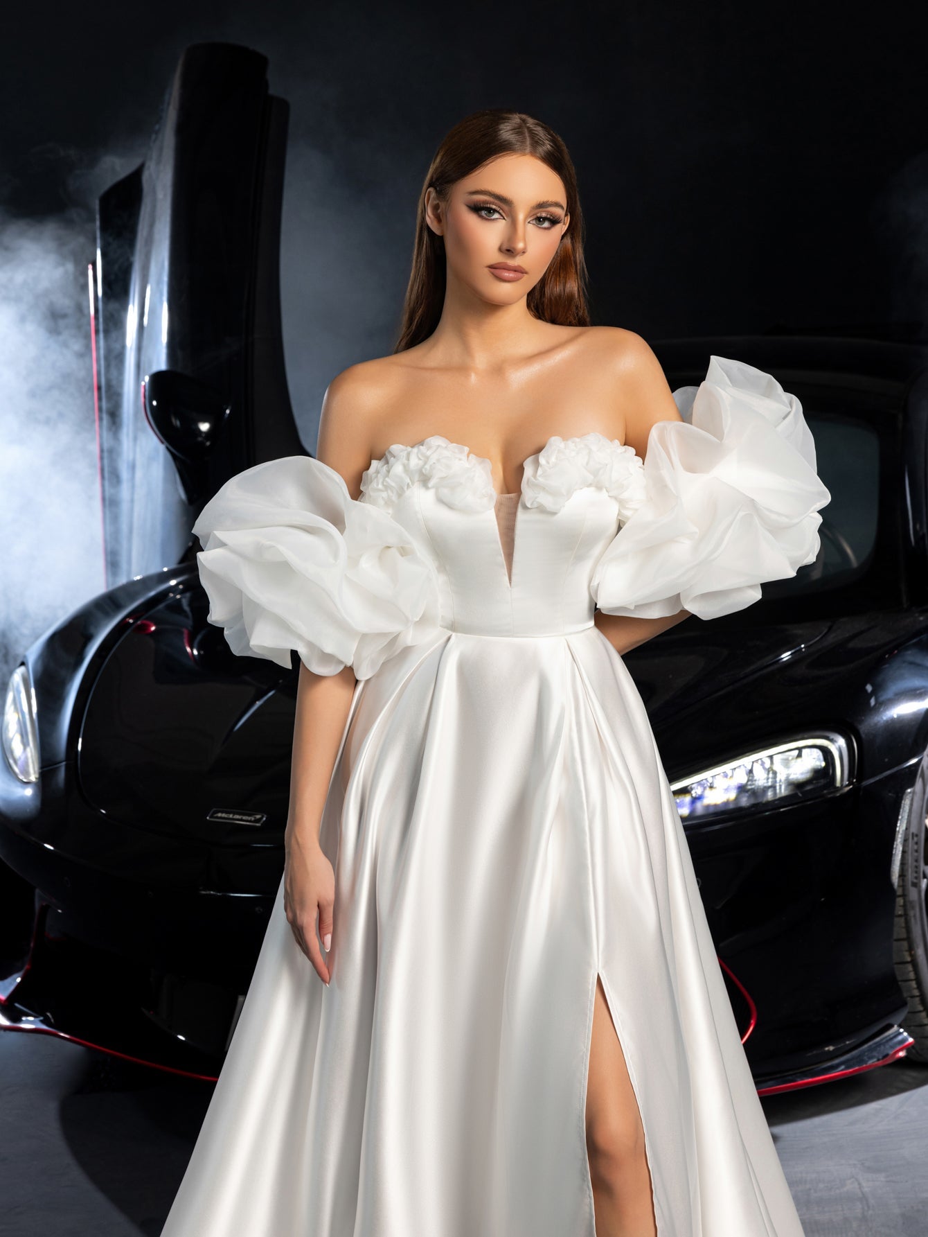 Gorgeous Off Shoulder Puff Sleeves Split Satin A-line Wedding Dress – Faeriesty