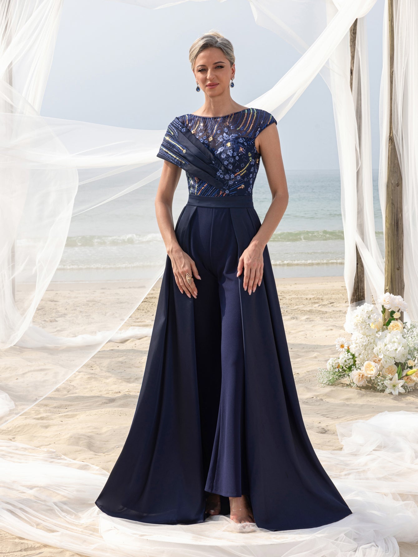 Womens' Elegant Beaded & Sequined Satin Jumpsuit with V-Neckline, Low Back & Flowing Skirt – Glamorous Evening Wear