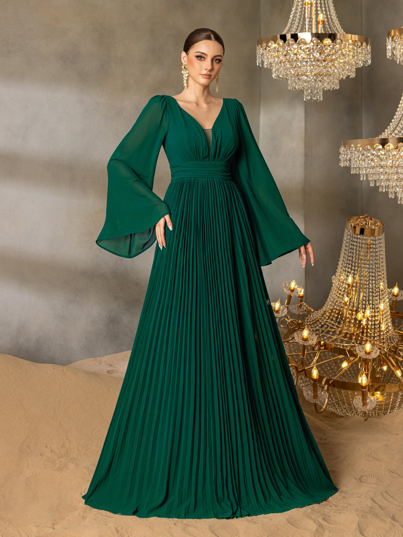 Plunging Neck Flared Sleeves Pleated Chiffon Dresses Dark Green / M