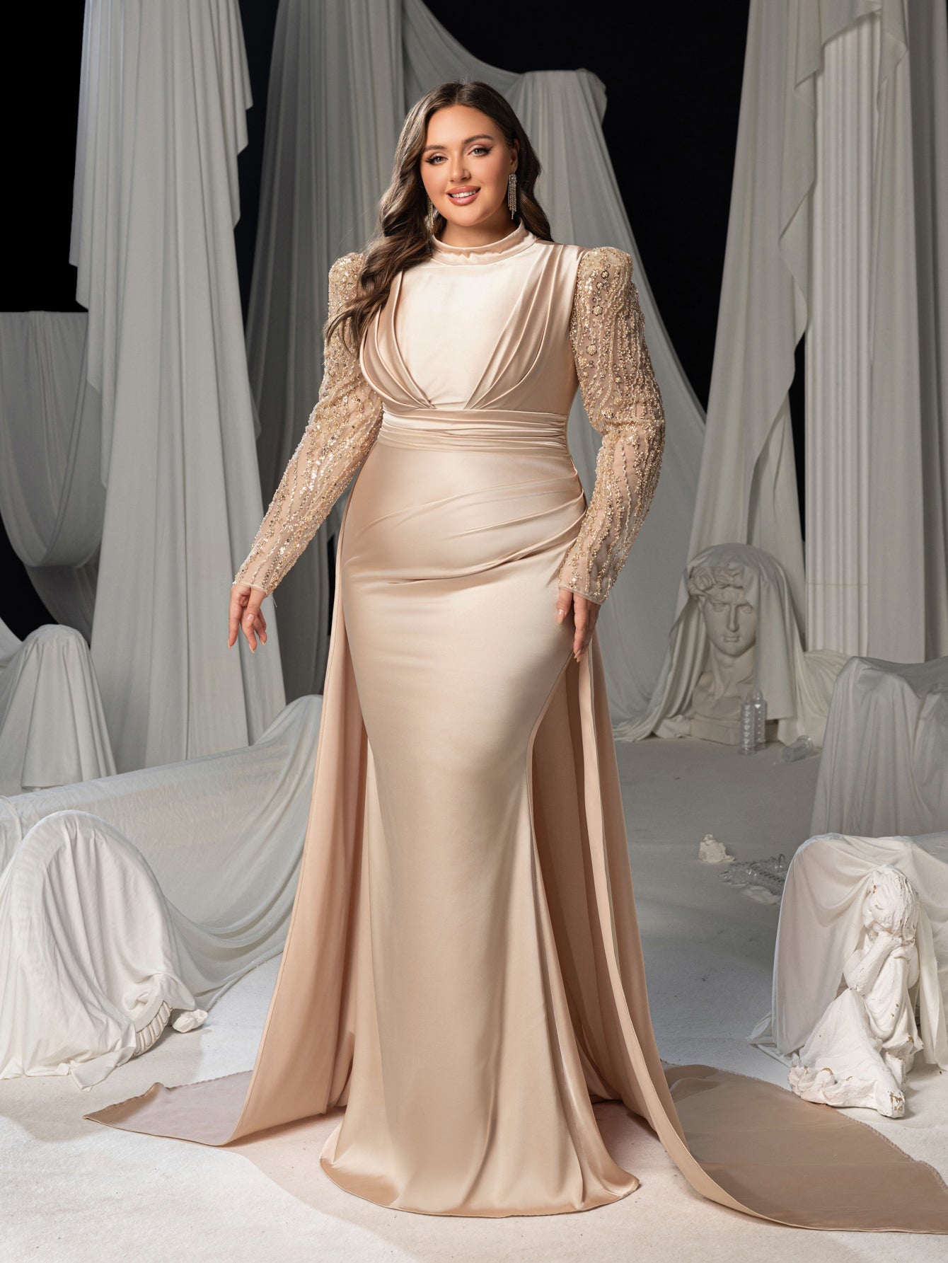 Plus Luxury Sequin Sleeves Mock Neck Ruched Front Mermaid Hem Formal Dress