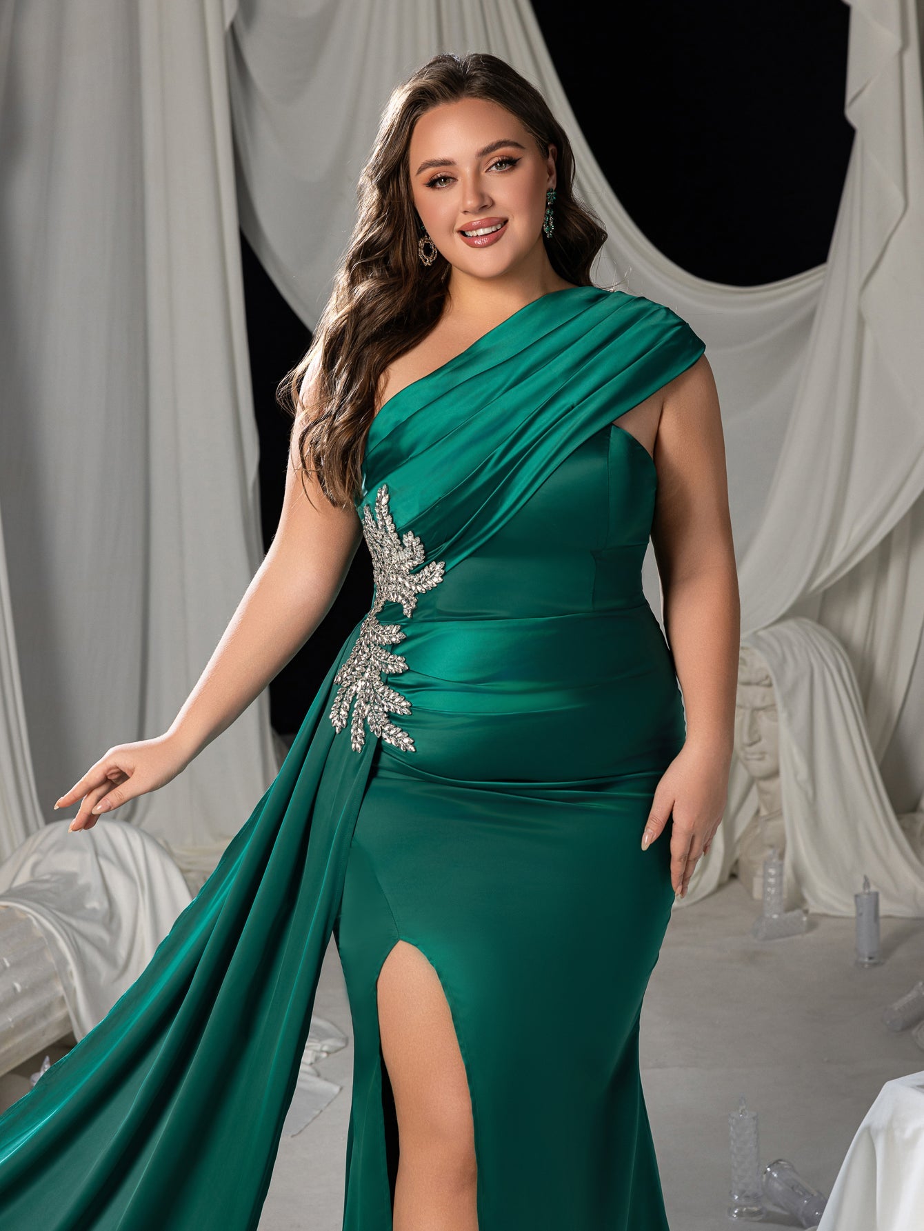 Plus Asymmetric One-Shoulder Satin Mermaid Gown with Floral Rhinestone & High Slit