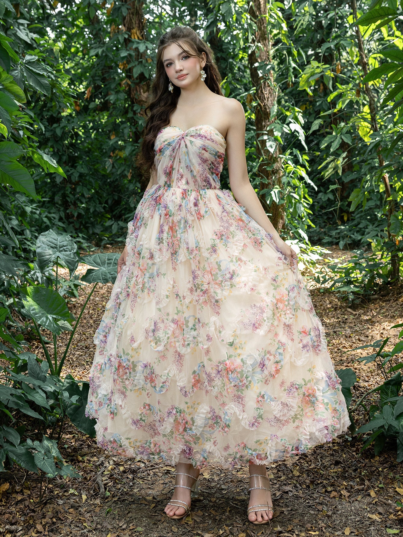 Midi Twist Front Ruffle Trim Floral Tulle Party Tube Dress Apricot / L Midi Twist Front Ruffle Trim Floral Tulle Party Tube Dress Apricot / L