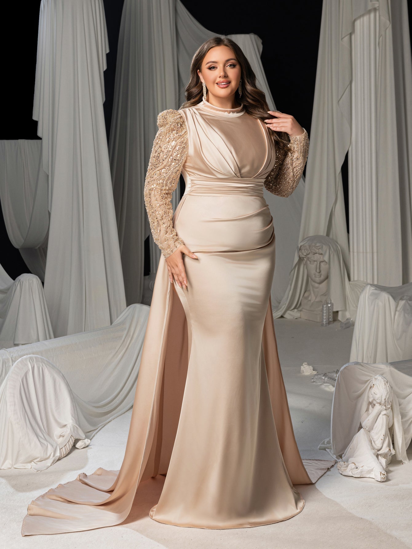 Plus Luxury Sequin Sleeves Mock Neck Ruched Front Mermaid Hem Formal Dress