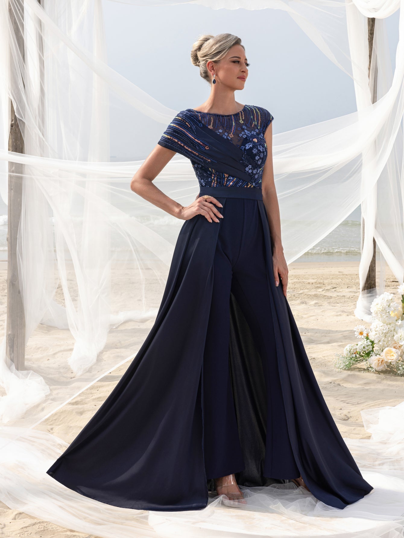 Womens' Elegant Beaded & Sequined Satin Jumpsuit with V-Neckline, Low Back & Flowing Skirt – Glamorous Evening Wear