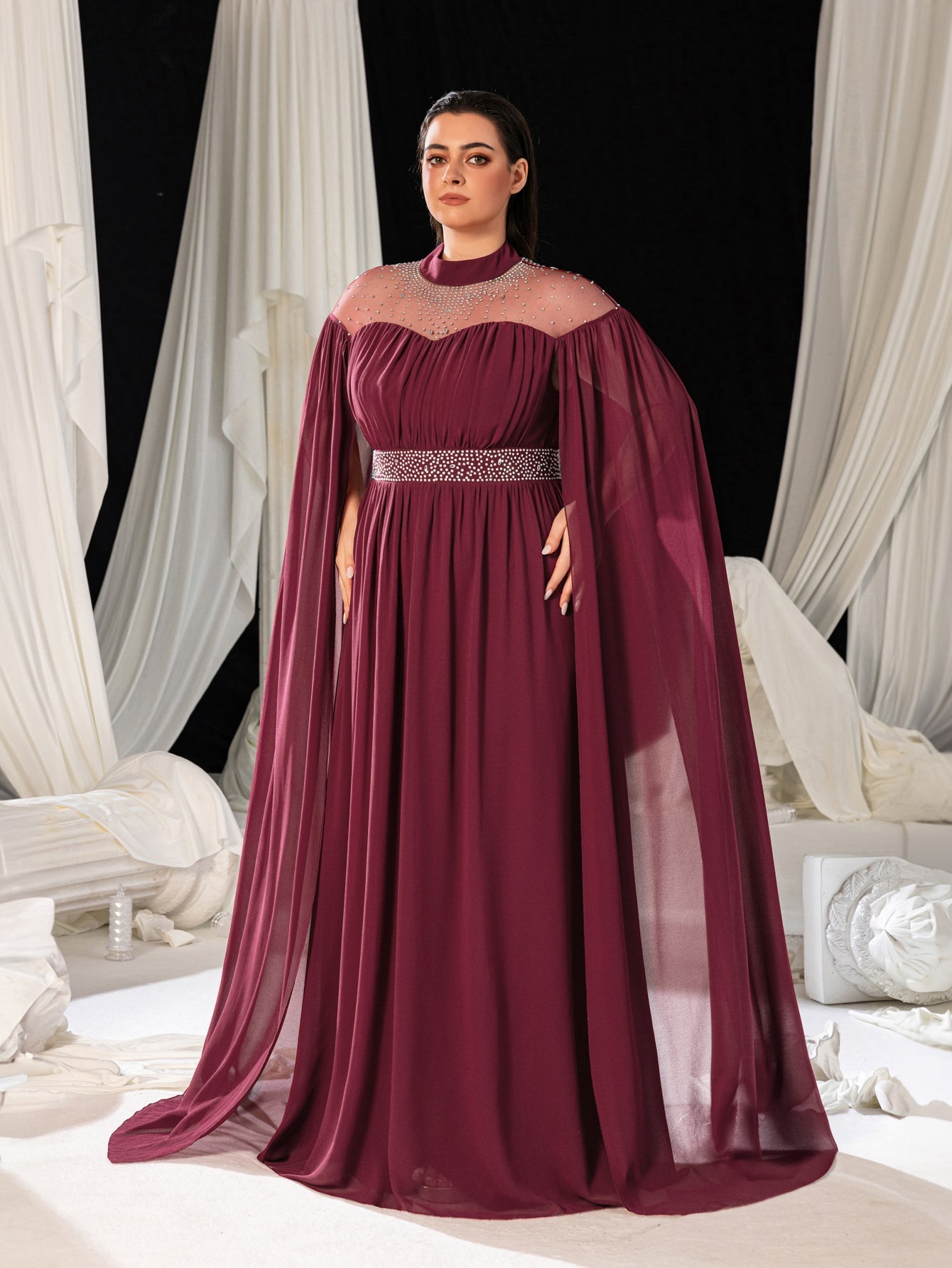 High Neck Chiffon with Rhinestone Details