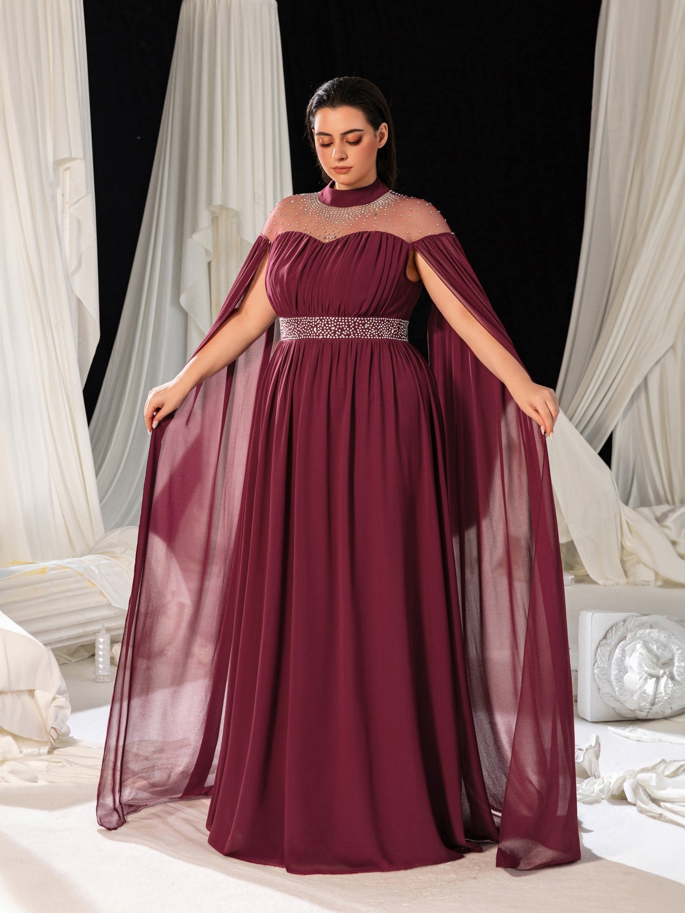 High Neck Chiffon with Rhinestone Details