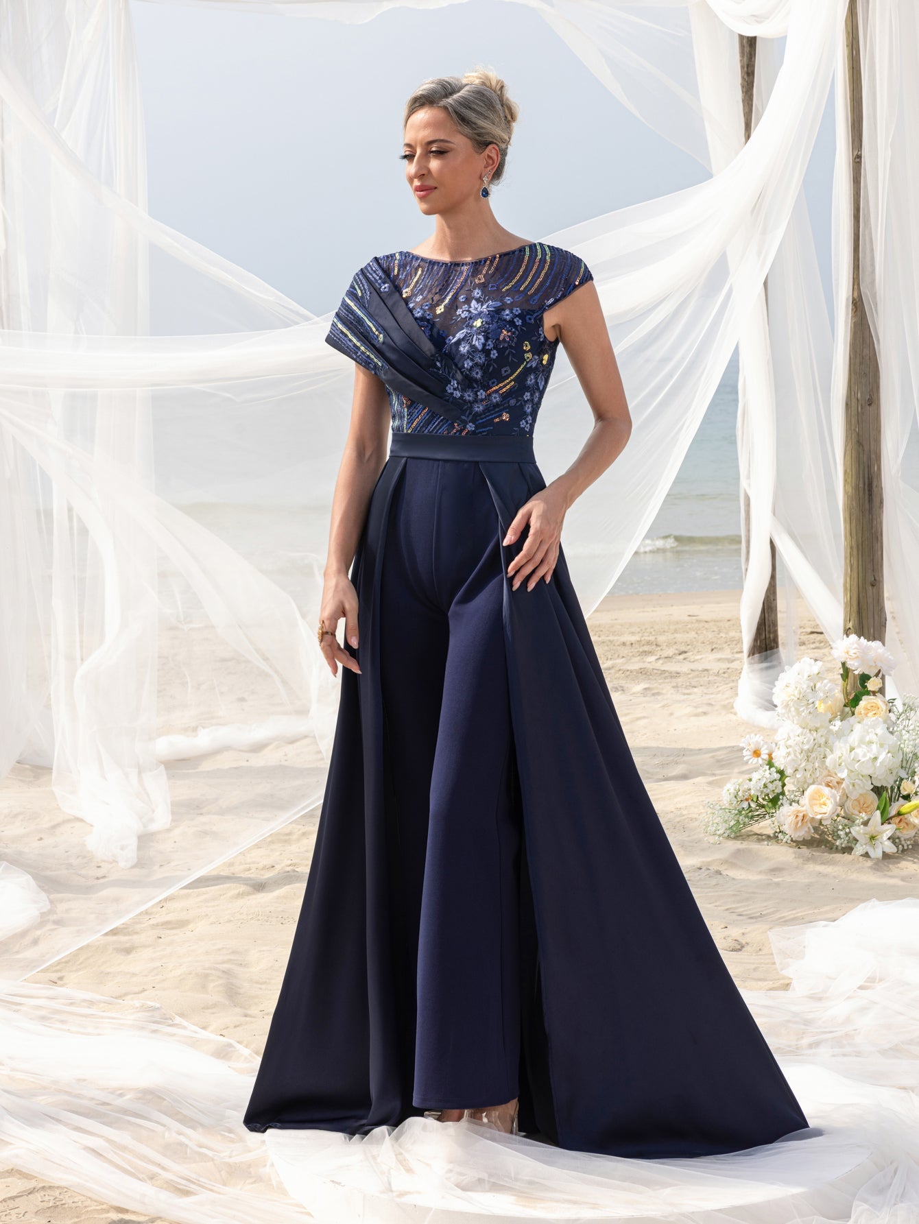 Womens' Elegant Beaded & Sequined Satin Jumpsuit with V-Neckline, Low Back & Flowing Skirt – Glamorous Evening Wear